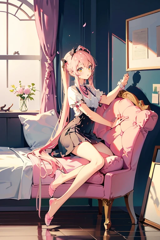 Composition seen from the side、shot from a side angle、girl's own room、Lovely room、Cute Pink Chair、a chair、Facing the chair、body is turned sideways、Light pink color、is standing、Sit on one knee in a chair、Put one foot on the ground、Arms on the chair、boredom、Let's take a moment to reflect、kawaii pose、Not erotic、Twin-tailed、I can't see my buttocks、Wearing a skirt、Neat and clean、It's not obscene、Black Lady、high-level image quality、Amazingly beautiful、masterpiece、sleepwear dress