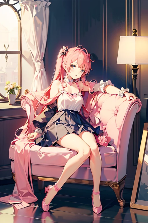 Composition seen from the side、shot from a side angle、girl's own room、Lovely room、Cute Pink Chair、a chair、Facing the chair、body is turned sideways、Light pink color、is standing、Sit on one knee in a chair、Put one foot on the ground、Arms on the chair、boredom、Let's take a moment to reflect、kawaii pose、Not erotic、Twin-tailed、I can't see my buttocks、Wearing a skirt、Neat and clean、It's not obscene、Black Lady、high-level image quality、Amazingly beautiful、​masterpiece、sleepwear dress