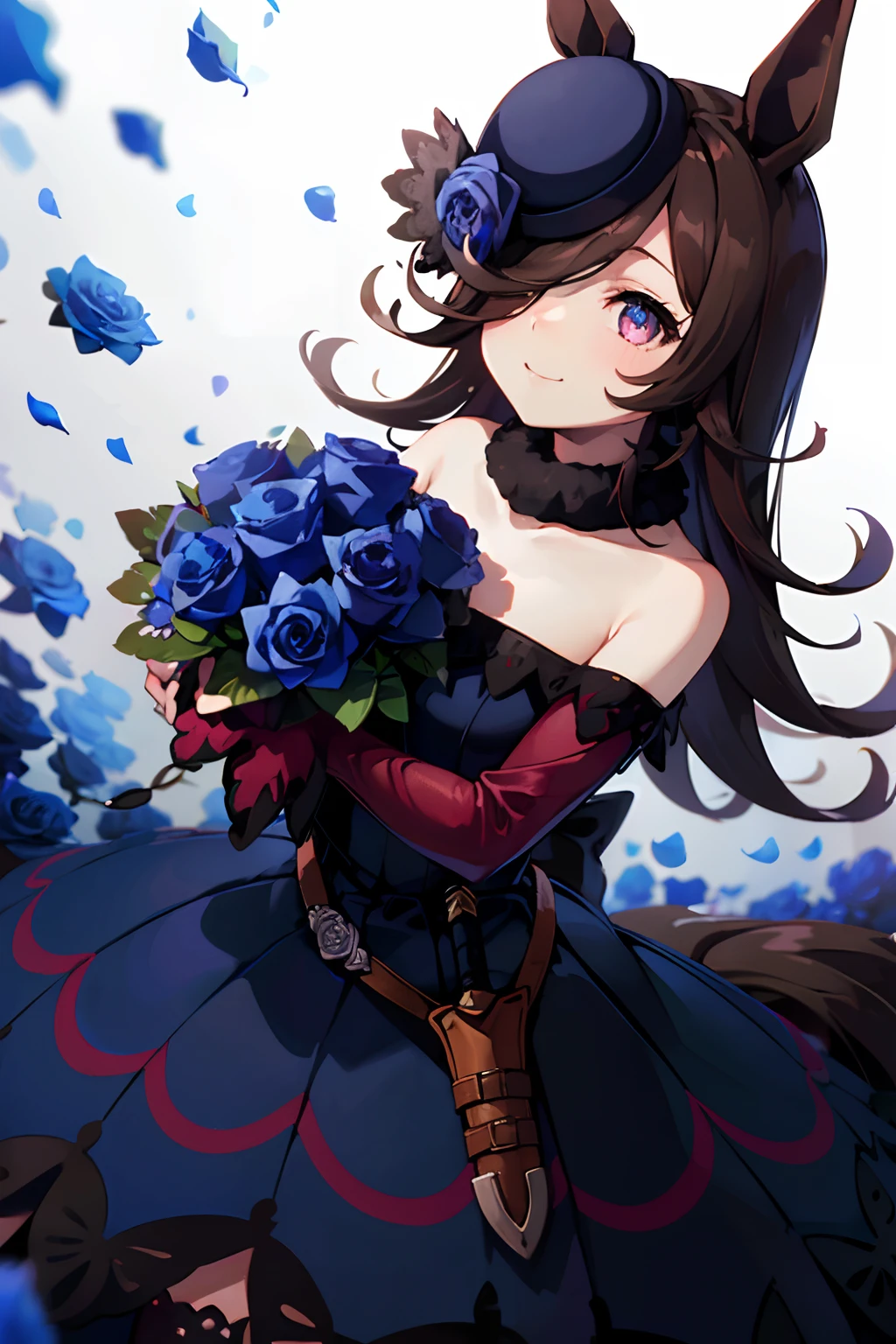 (masutepiece.top-quality).(Dynamic Angle).1 girl in.A dark-haired.long.Horse-eared girl.Beautiful eyes.smil.(Holding a bouquet of blue roses:1.3)