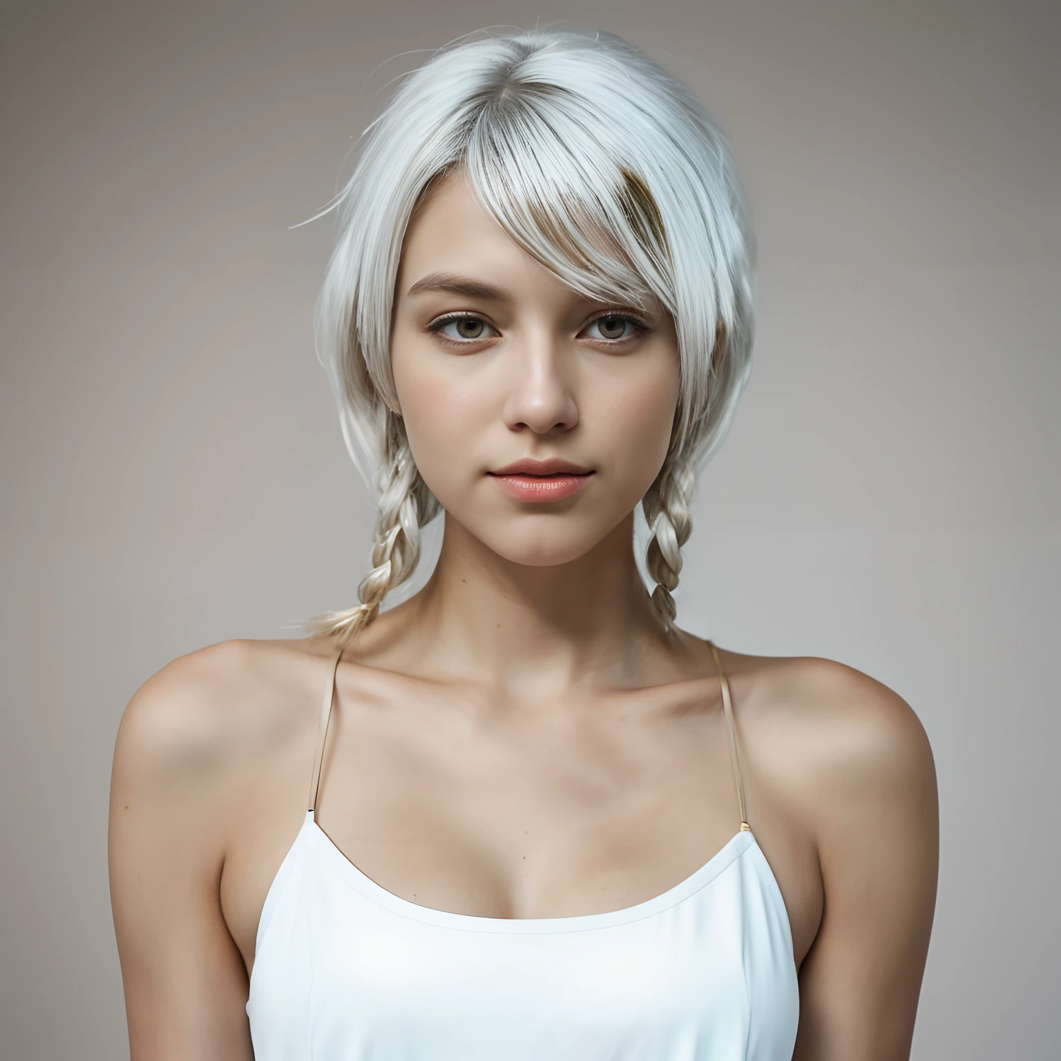best quality, masterpiece,white hair, gold eyes,white clothes, looking up, upper body,hair strand,Fair skin,side braids