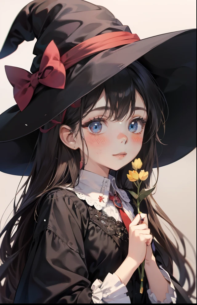 girl with、Background white、without background、A dark-haired、The long-haired、with blush cheeks、Embarrassing、the witch、magia、Black pointy hat、frilld、bow ribbon、kawaii、without background