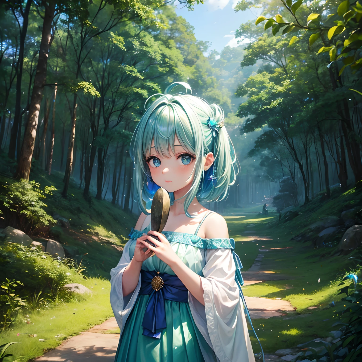 ( scenecy, uma bosque ), uma menina de cabelos curtos cacheados ( super detalhados ) vestido curto verde claro, olhos azuis gentis brilhantes, sentada em uma pedra, tocando uma ocarina azul ( hiper detalhada ).