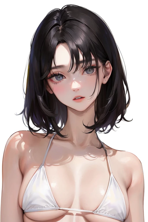 (Top resolution、Distinct_image)top-quality、femele、​masterpiece、ighly detailed、Semi-realistic、Black short hair、Dark hair、grey  eyes、bangss、21years old、Mature、年轻、Exquisite facial features、Facial features,White Bikini