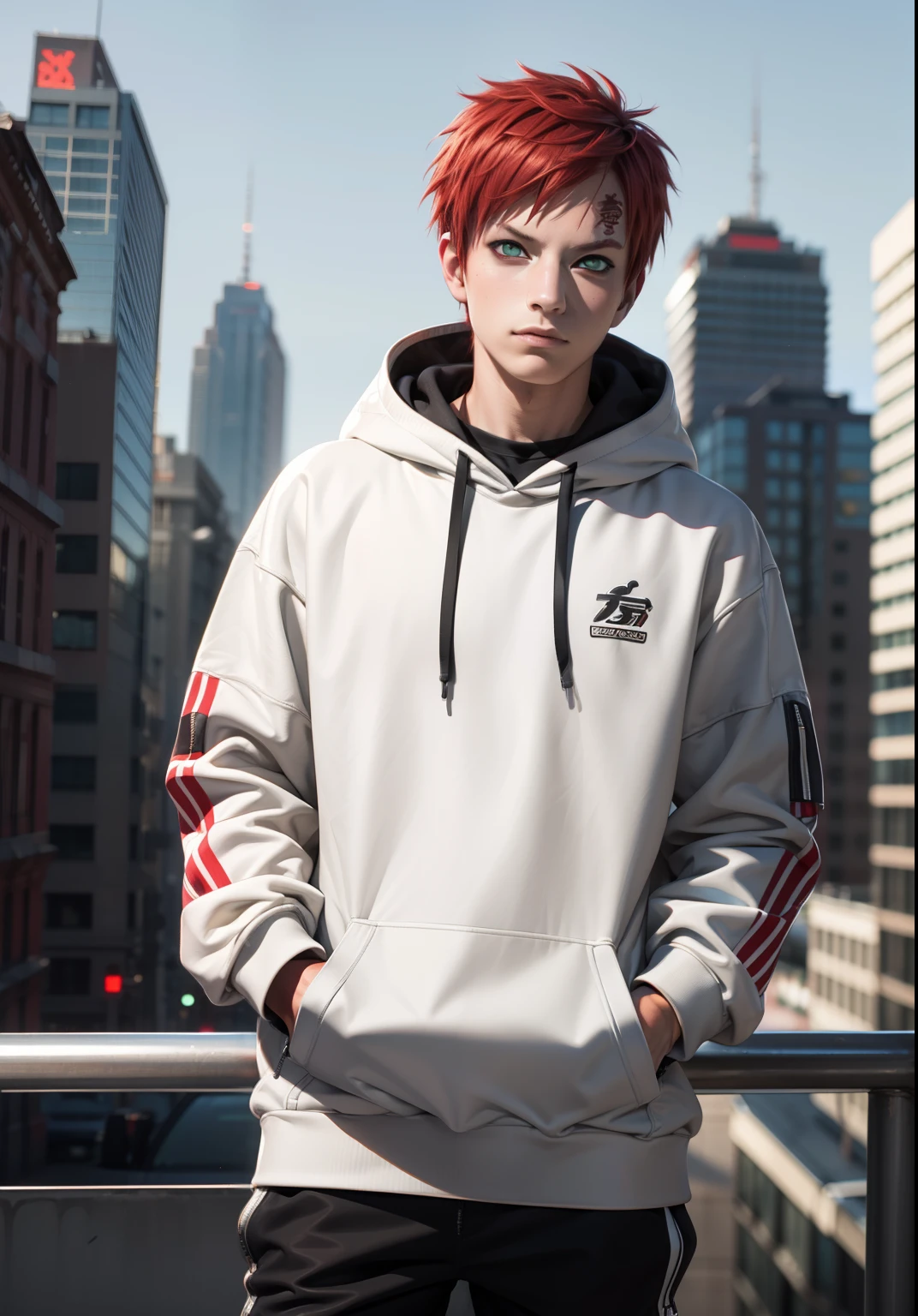 masterpiece, ultra-detailed, 1boy, male focus, upper body shot, Gaara wearing Streetwear Hoodie, red hair, look at viewer, happy face, Hands in pockets, vibrant colors, cityscape background, dinamic lighting, highly detailed face, stylish, urban style, cool attitude, bokeh, blurry background,