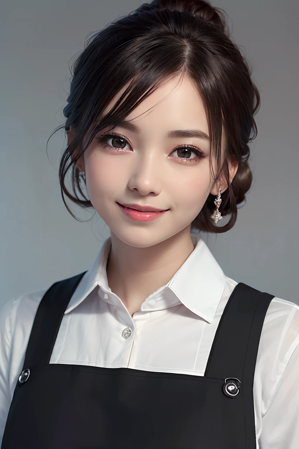((best quality, 8K, masterpiece)), ultra detailed, sharp focus, 1 beautiful woman, ((red polar apron:1.4)), (updo:1.4), (simple collared shirts:1.4), highly detailed face and skin texture, ((detailed eyes)), ((beautiful black eyes:1.4)), (smile:1.15), (closed mouth), cafe