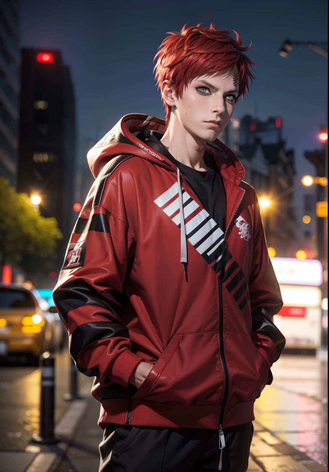 masterpiece, ultra-detailed, 1boy, male focus, upper body shot, Gaara wearing Streetwear Hoodie, red hair, look at viewer, happy face, Hands in pockets, vibrant colors, cityscape background, dinamic lighting, highly detailed face, stylish, urban style, cool attitude, bokeh, blurry background,