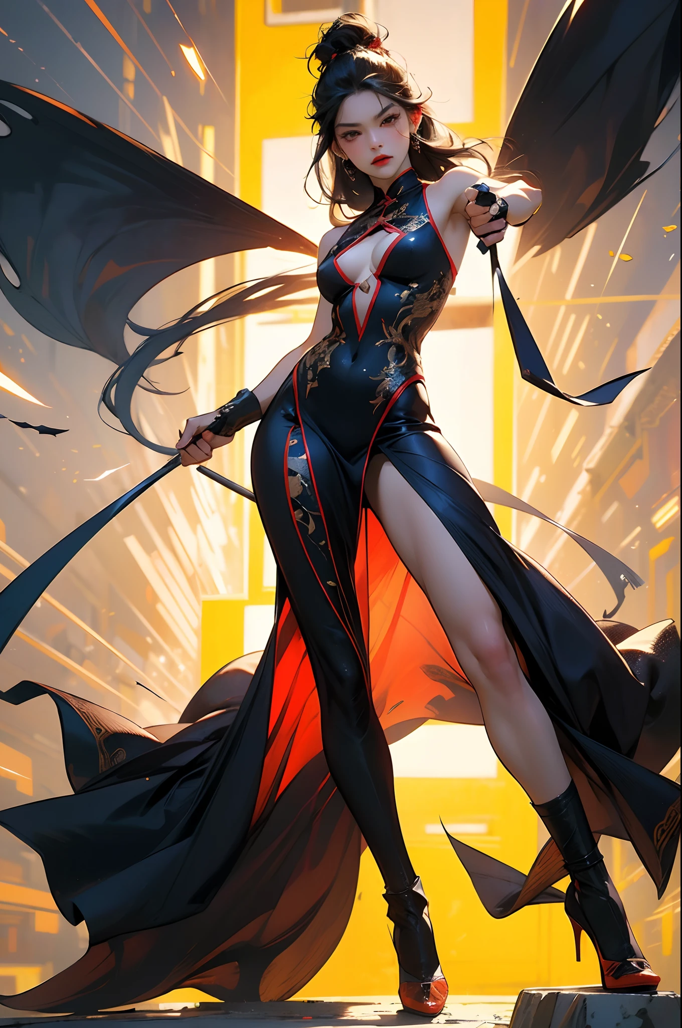 (Best quality,4K,high resolution), Dark Heroes,Superhumanization、(Best quality,4K,high resolution),transform,abnormal giant breasts,sharp eye,Red glowing eyes,Facial expression enhancement,,Change the appearance of the transformation,Destroy the ground with your fists,Strong woman、Roll out your fists、buttle,Reproduce delicate and realistic skin in detail,Realistic muscle reproduction、Texture、Realistic portrayal,Vibrant colors,Expressing the,Classic background(Best quality,4K,high resolution), Funny look,(Best quality,4K,high resolution), 18 year old woman, Red highlights on black hair, Long hair, Straight hair, Cool woman,Superhumanization,Cold eyes ,sharp eye,Red and black trim,complicated decoration、ripped clothing,comic strip,anime,Funny illustrations,Busy,Cute illustration of deformation,Full body projection,Latter-day world,Fighting,Dark worldview,Delicate and revitalized、Fighting posture