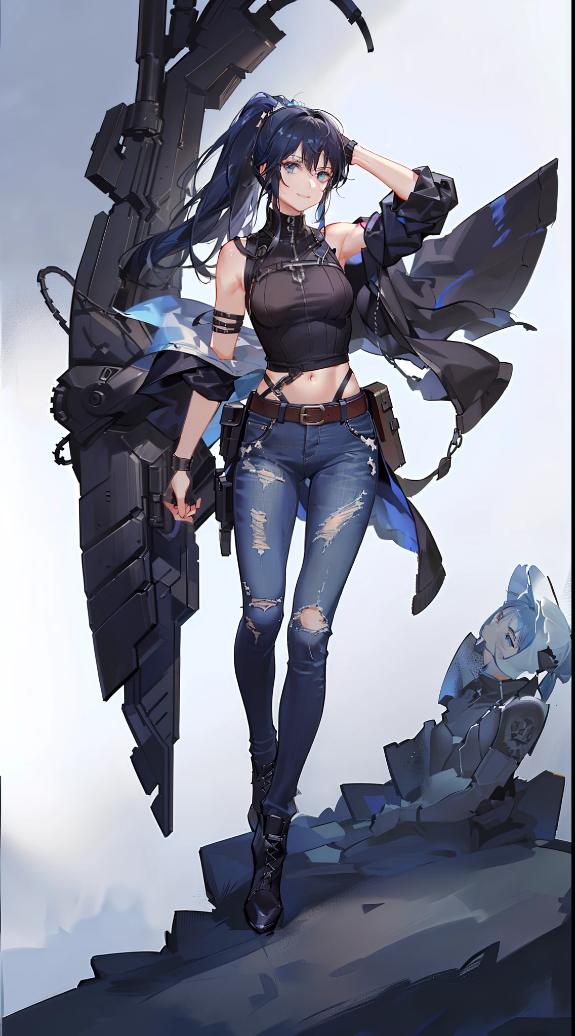Grown-up guy, Long black hair, high ponytail, blue eyes, Smile, beatiful face, bodyarmor, Sleeveless, Drawing of the skull, Jeans, circuits, arma, brawn, Punisher's Seal, tattoo, Masterpiece, hiquality, 4k, HD, Good detail