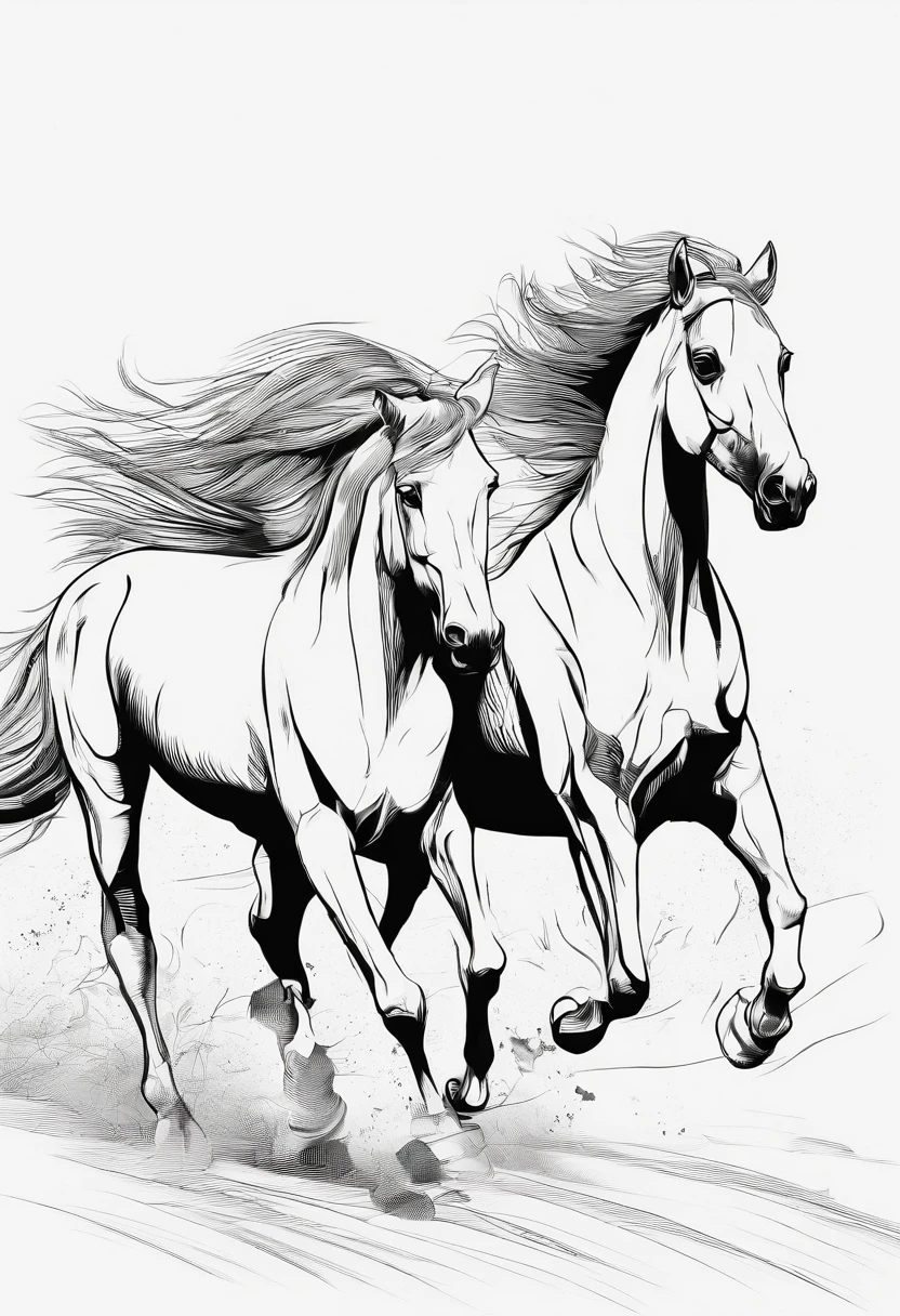 horses running in a field, realistic, line art, 3D style, high quality, no shading.