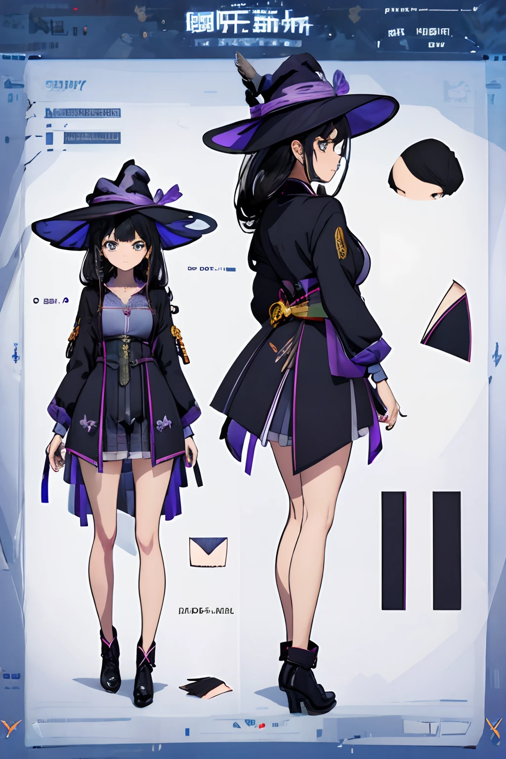 ((masterpiece)),(((best quality))),(((highly detailed))), (Character design sheet, same character, same outfit, ""main front view, side view, back view ""), illustration, 1 girl in, long black hair, golden eyes, genshin impact style, purple magical girl style witch clothing, full body, big witch hat, corset, short dress, high stockings, leather boots and gloves, digital background, casting shadow. exceptional details in eyes, face, hair, clothes, hands and legs.