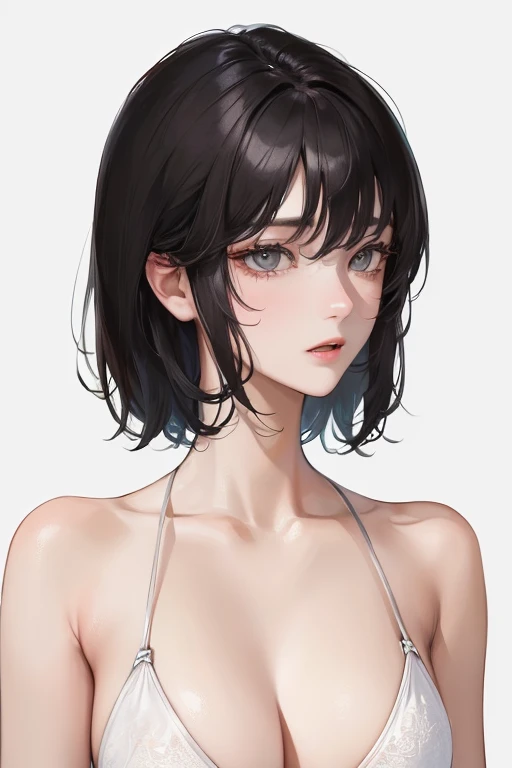 (Top resolution、Distinct_image)top-quality、femele、masterpiece、ighly detailed、Semi-realistic、Black short hair、Dark hair、grey eyes、bangss、21years old、Mature、年轻、Exquisite facial features、Facial features,White Bikini