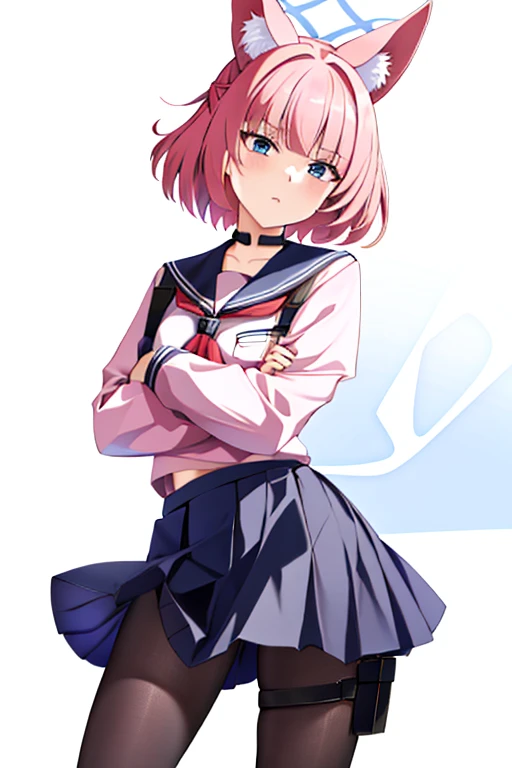 niko, 1girl, solo, looking at viewer, short hair, blue eyes, simple background, animal ears, school uniform, pink hair, pantyhose, fox ears, halo, white background, armband, holster, cowboy shot, crossed arms