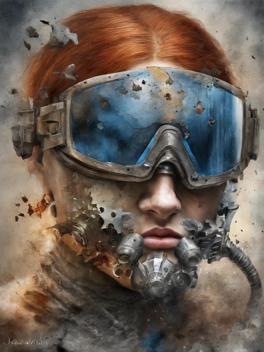 3D puzzles , good looks , Redhead, Explosive warhead, Machine parts embedded in the face, volatile, inspired by Igor Morski, dramatic artwork, photomanipulation, photo manipulation, disintegration,, explosion of data fragments, Humph, offcial art, incredible high details, photoshop art, Noise effect, em cor azul escuro