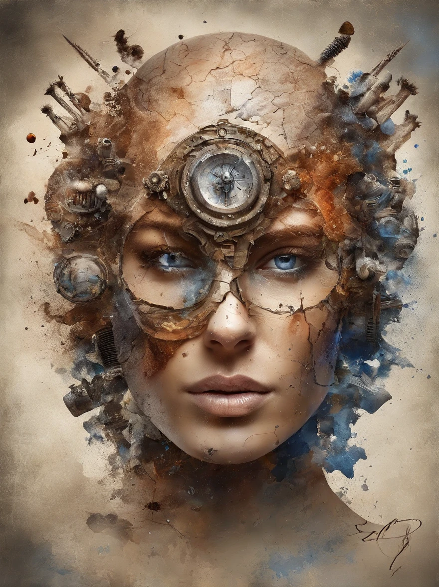 3D puzzles , good looks , Redhead, Explosive warhead, Machine parts embedded in the face, volatile, inspired by Igor Morski, dramatic artwork, photomanipulation, photo manipulation, disintegration,, explosion of data fragments, Humph, offcial art, incredible high details, photoshop art, Noise effect, em cor azul escuro