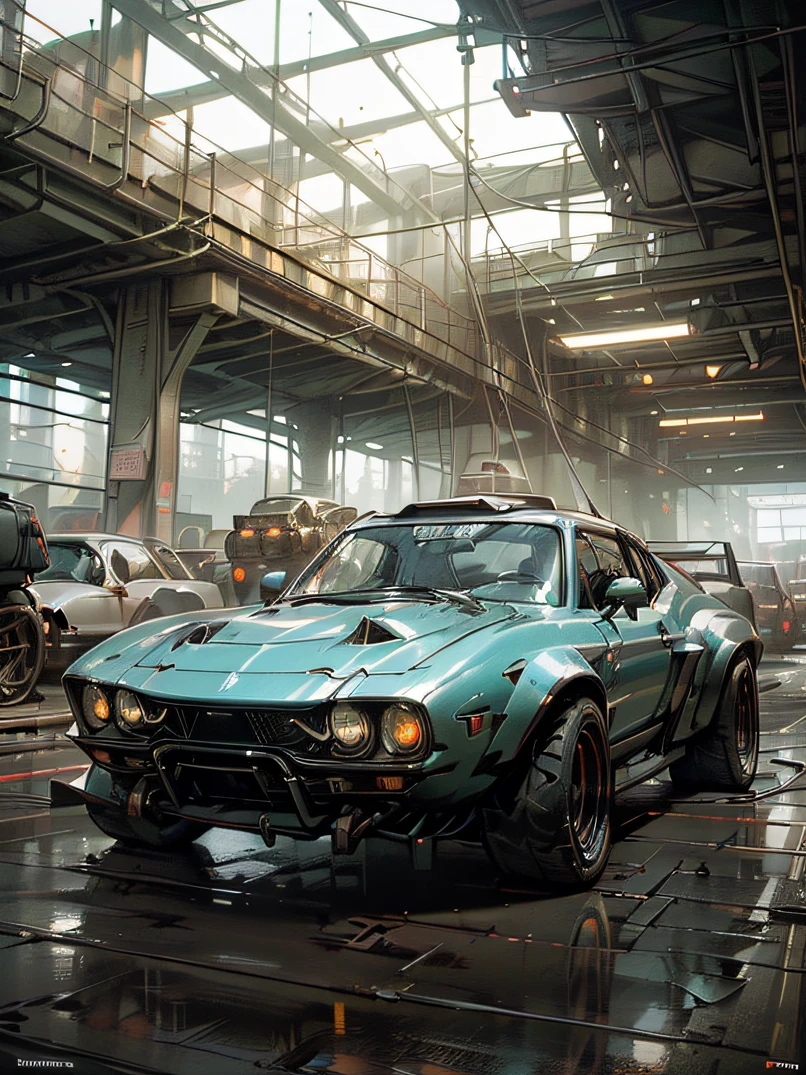 ((​masterpiece、top-quality、realisitic、ultra-detailliert、hight resolution、Photorealsitic、foco nítido、photographrealistic、Raw photography、lighting like a movie))、High brightness、Noon Wilderness、((Futuristic Cyberpunk Hot Rod))、High vehicle height、(With glowing tires)、Red rust color、3/4Front view