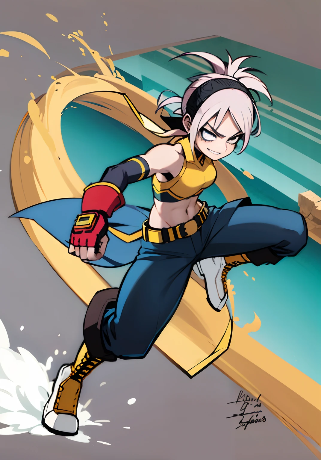 <lora:KimberlyMS:.75>, kimberlyms, gloves, pants, crop top, earphones, midriff, short hair, bow hairband, hip vent, solo, (dreadlocks:1.1) fighting, martial arts, dynamic camera angle, from behind, (kicking, kick, foreshortening:1.2), serious, angry, streets (grafitti:1.1)