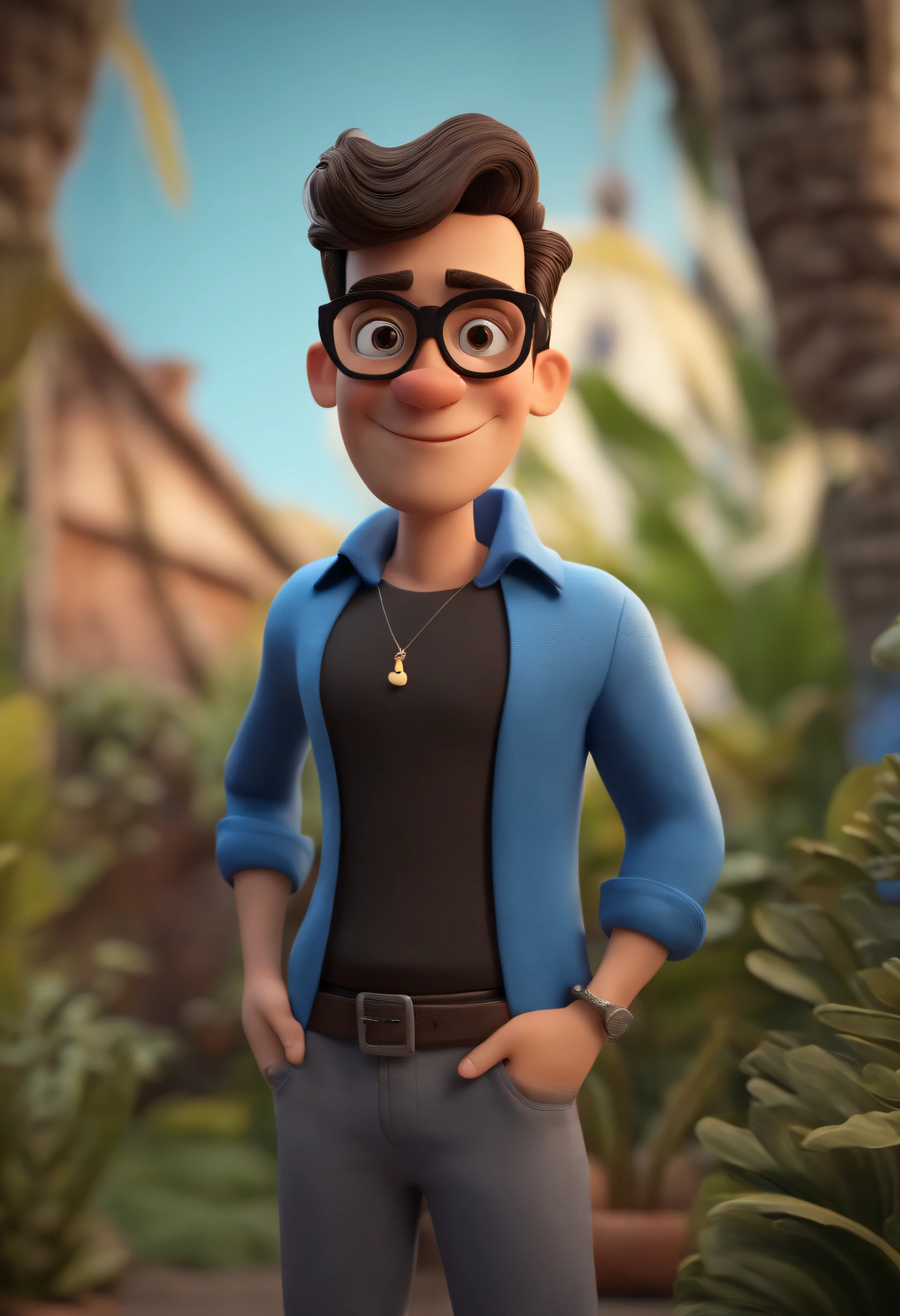 Cartoon character of a man wearing black glasses and a blue shirt, um personagem animado, Caractere estilizado, animation style rendering, 3D estilizado, Arnold Maya render, 3 d render stylized, toon render keyshot, Personagem 3D, Personagem 3D, 3d rendering stylized, 3 d character render, personagem de desenho animado, Personagem de close up, Pose de personagem, (Estilo Pixar) (master part:1.2) (Bokeh) (best quality) (pele detalhada) (textura detalhada) (8k) (argila) (Cinematic lighting) (foco nítido,Senta e vaza a parte superior do corpo