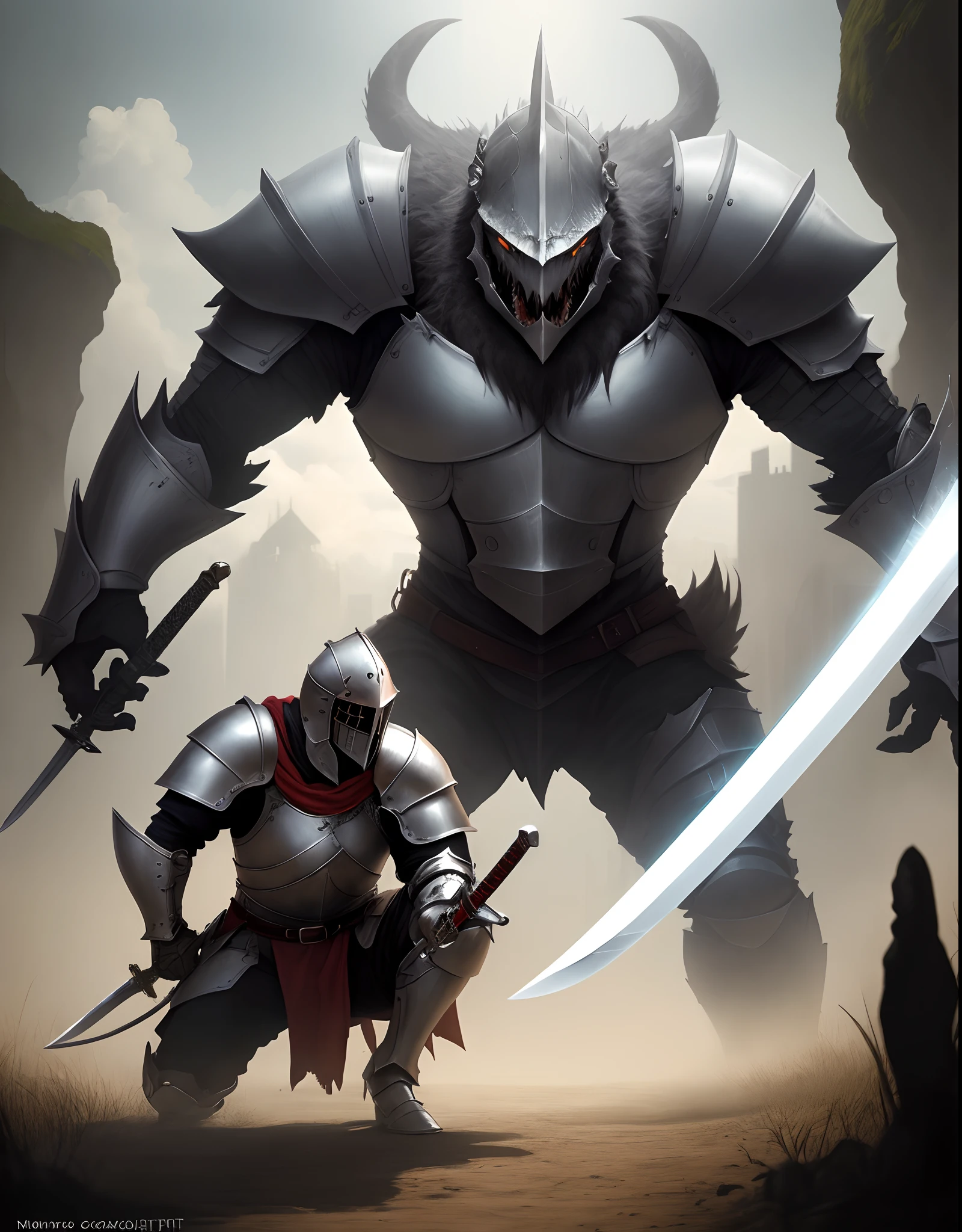 Knight with a big sword fighting a monster with the words goon beast written on it