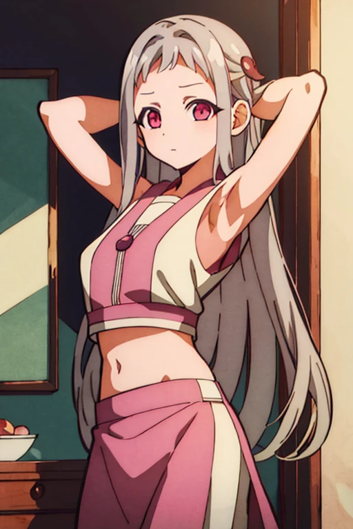 masterpiece, best quality, sketch, 1girl, solo, looking at viewer,  nene_yashiro, grey hair, pink eyes, long hair, arms behind head, spread armpits, midriff, contrapposto, cowboy shot,