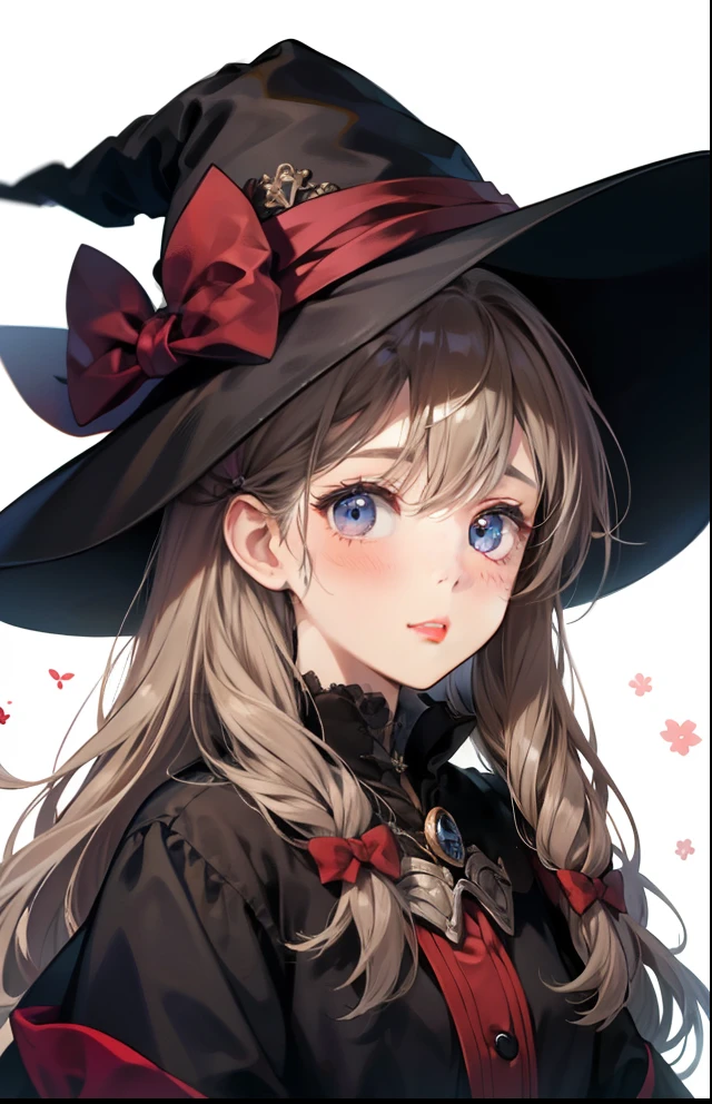 girl with、Background white、without background、A dark-haired、The long-haired、with blush cheeks、Embarrassing、the witch、sorcerer、Black pointy hat、frilld、bow ribbon、kawaii、without background