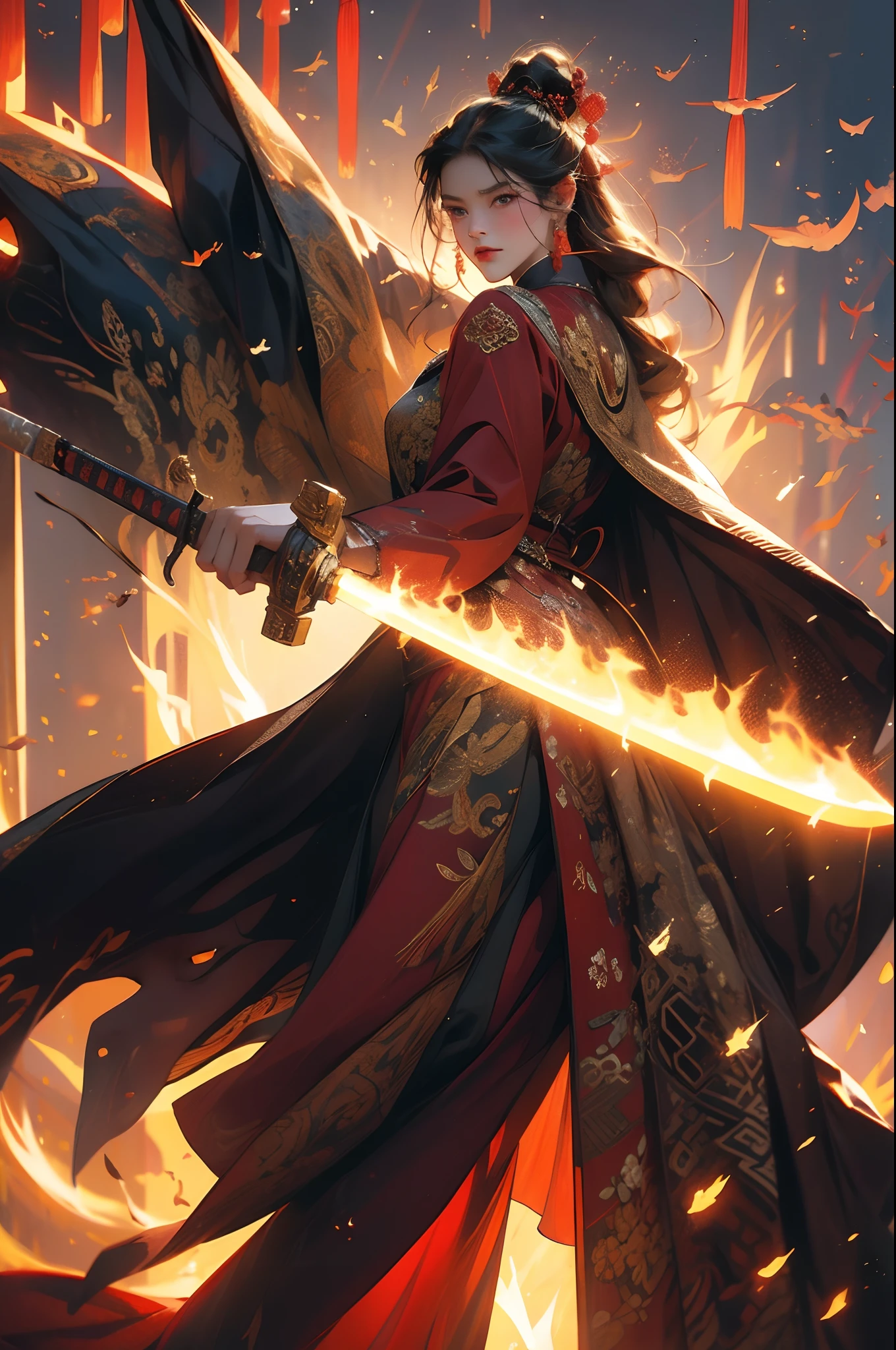 Chinese style, ancient battlefield, an ancient Chinese female general, holding a sword in her hand, grim expression, full body, amazing facial features, red robe, armor, boots, yellow sand in the sky, fleeing crowd, firelight, game model, stunning lighting, C4D, OC rendering, cinematic edge light, delicate light, masterpiece, super detailed, epic composition, super HD, high quality, highest quality, 32k