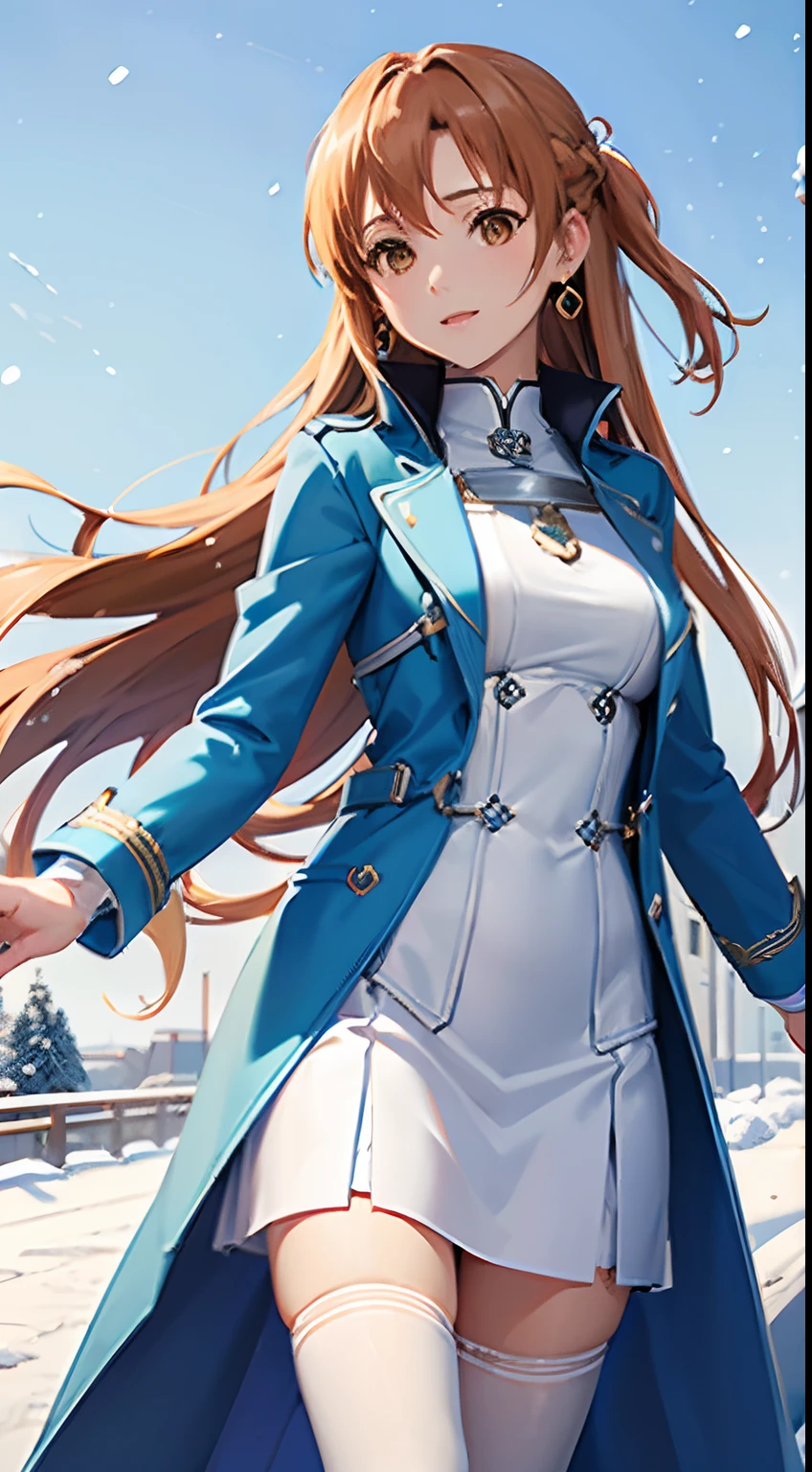 Masterpiece, best quality, high resolution, 4K, Asuna Yuuki \(Sword Art Online\), blue winter coat, flower pattern on coat sleeve, dangling earrings, white skirt, white leggings, blue gloves, snowing, campus background, both hands behind back, Facing viewer