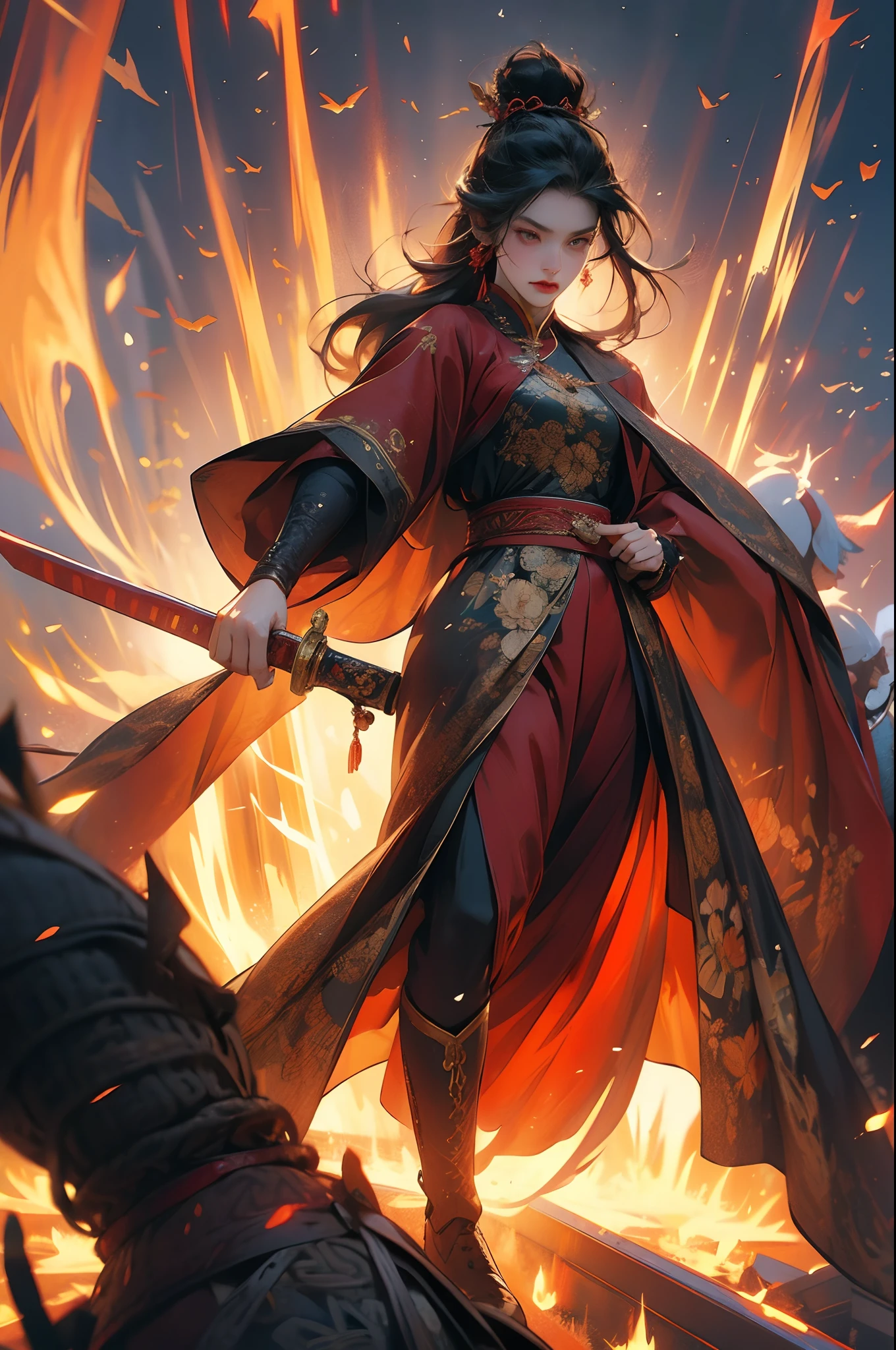 Chinese style, ancient battlefield, an ancient Chinese female general, holding a sword in her hand, grim expression, full body, amazing facial features, red robe, armor, boots, yellow sand in the sky, fleeing crowd, firelight, game model, stunning lighting, C4D, OC rendering, cinematic edge light, delicate light, masterpiece, super detailed, epic composition, super HD, high quality, highest quality, 32k