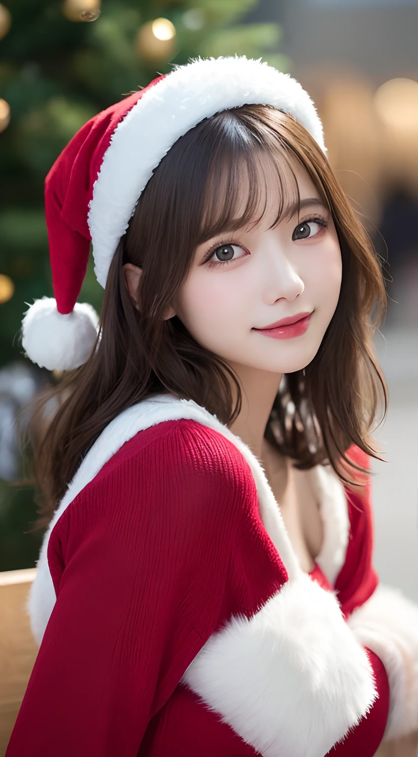 A close up of a woman wearing a santa hat and red sweater - SeaArt AI