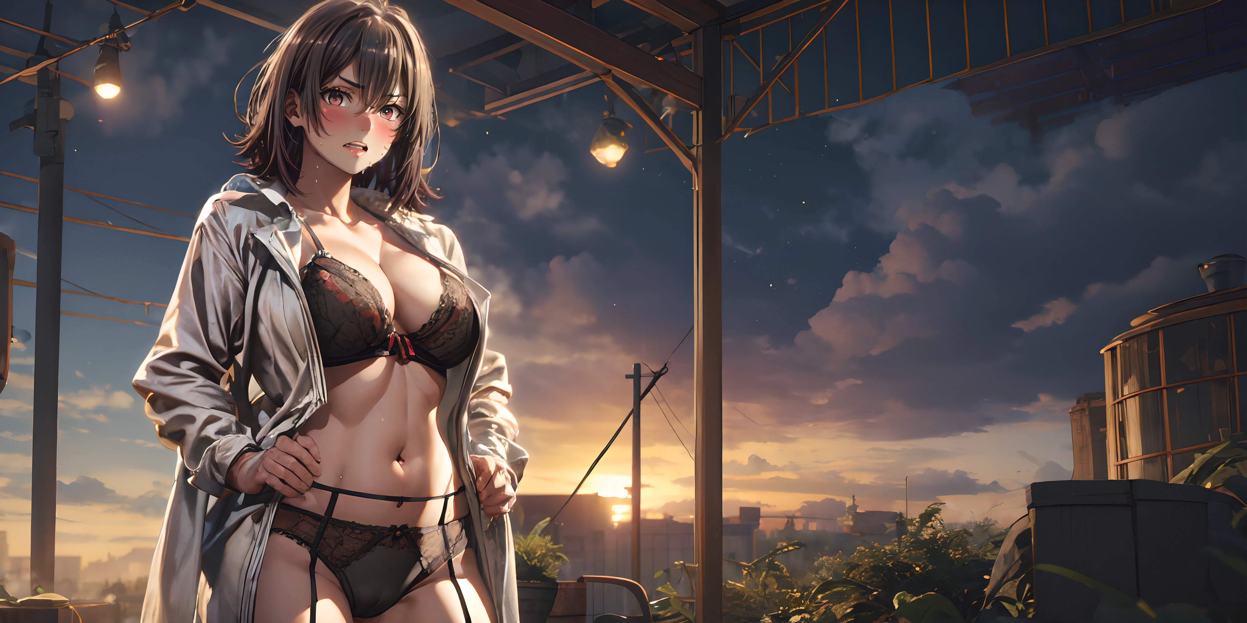 yukinoshita haruno, short hair, black hair, hand on hips, 1girl, black hair, short hair, underwear, breasts, bra, panties, navel, very_long_hair, bangs, purple_eyes, 1girl, blush, parted_bangs, garter_belt, lace, black_bra, open_clothes, large_breasts, lace-trimmed_panties, long_sleeves, black_panties, sky, cleavage, looking_at_viewer, low-tied_long_hair, lace-trimmed_bra, thighs, shirt, hair_between_eyes, "Photorealistic, Hyperrealistic, Hyperdetailed, analog style, soft lighting, subsurface scattering, realistic, heavy shadow, masterpiece, best quality, ultra realistic, 8k, golden ratio, Intricate, High Detail, film photography, soft focus", sweating, steaming body, fog, (3d, realistic:1.4)