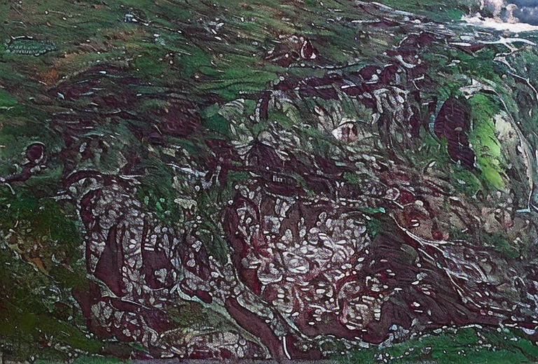 There is a painting of a painting on the hillside, aerial view of an ancient land, Lava fields, aerial shot, aerial photograph, mid air, lava river, Aerial Photography, aerial photograph, Red lava river, lava streams, lava streams, red narrow lava rivers, Looking down from above, “ aerial view of a mountain, arial shot