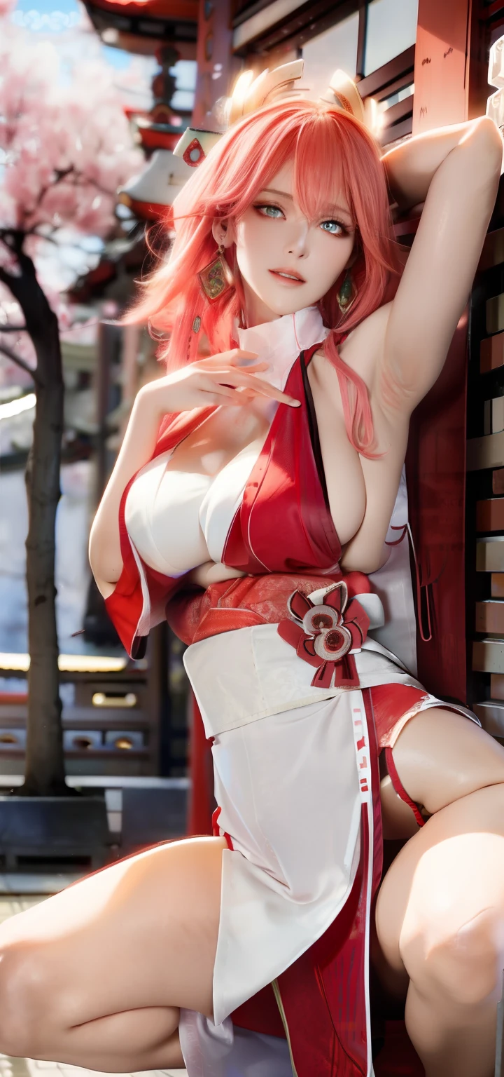 squatting with open legs, (Masterpiece, Excellent, 1girl, solo, complex details, color difference), realism, ((medium breath)), off-the-shoulders, big breasts, sexy, Yae Miko, long pink hair, red headdress, red highlight, hair above one eye, green eyes, earrings, sharp eyes, perfectly symmetrical figure, choker, neon shirt, open jacket, turtleneck sweater, against the wall, brick wall, graffiti, dim lighting, alley, looking at the audience, ((mean, seductive, charming)), ((cherry blossom background))),((Japanese temple background))), (((Glow-in-the-dark background))))High efficiency sub-pixel, subpixel convolution, luminous particles, light scattering, Tyndall effect, transparent dress, lace edge, lace seduction, bare legs, miniskirt, long legs, thighs, big breasts, huge breasts, split skirt, pink lace trim, upturned buttocks, big breasts, big breasts, big breasts, charming, shy, big breasts, big chest leaking, bursting breasts, seduction, tall figure, white skin and beautiful skin, fat buttocks, big buttocks, naked, nothing worn, especially short clothes, bare waist, thong, riotous look, loose long hair, split legs, half squat, confused, showing between legs, must showing both armpits, must showing belly button, sweaty armpits