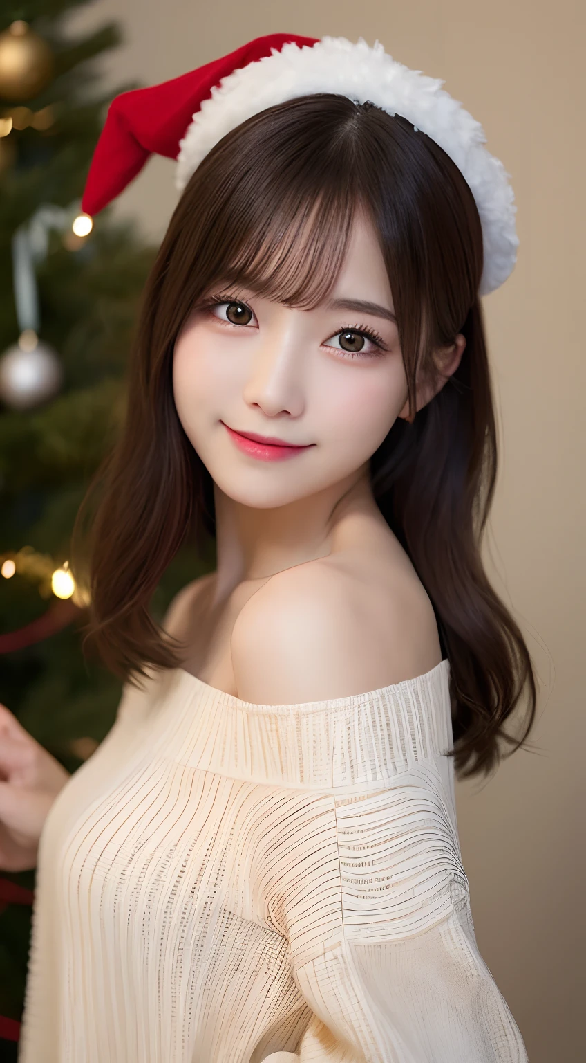 masutepiece, Best Quality, Illustration, Ultra-detailed, finely detail, hight resolution, 8K Wallpaper, Perfect dynamic composition, Beautiful detailed eyes, Long sleeve knit with shoulder extension,Bob Hair,full bodyesbian, Natural Color Lip, Random and sexy poses,Smile,20 years girl, Beautuful Women:1.2、(Super cute face in idol style:1.2), Christmas tree,Christmas Party,Santa Claus Costume:1.2,