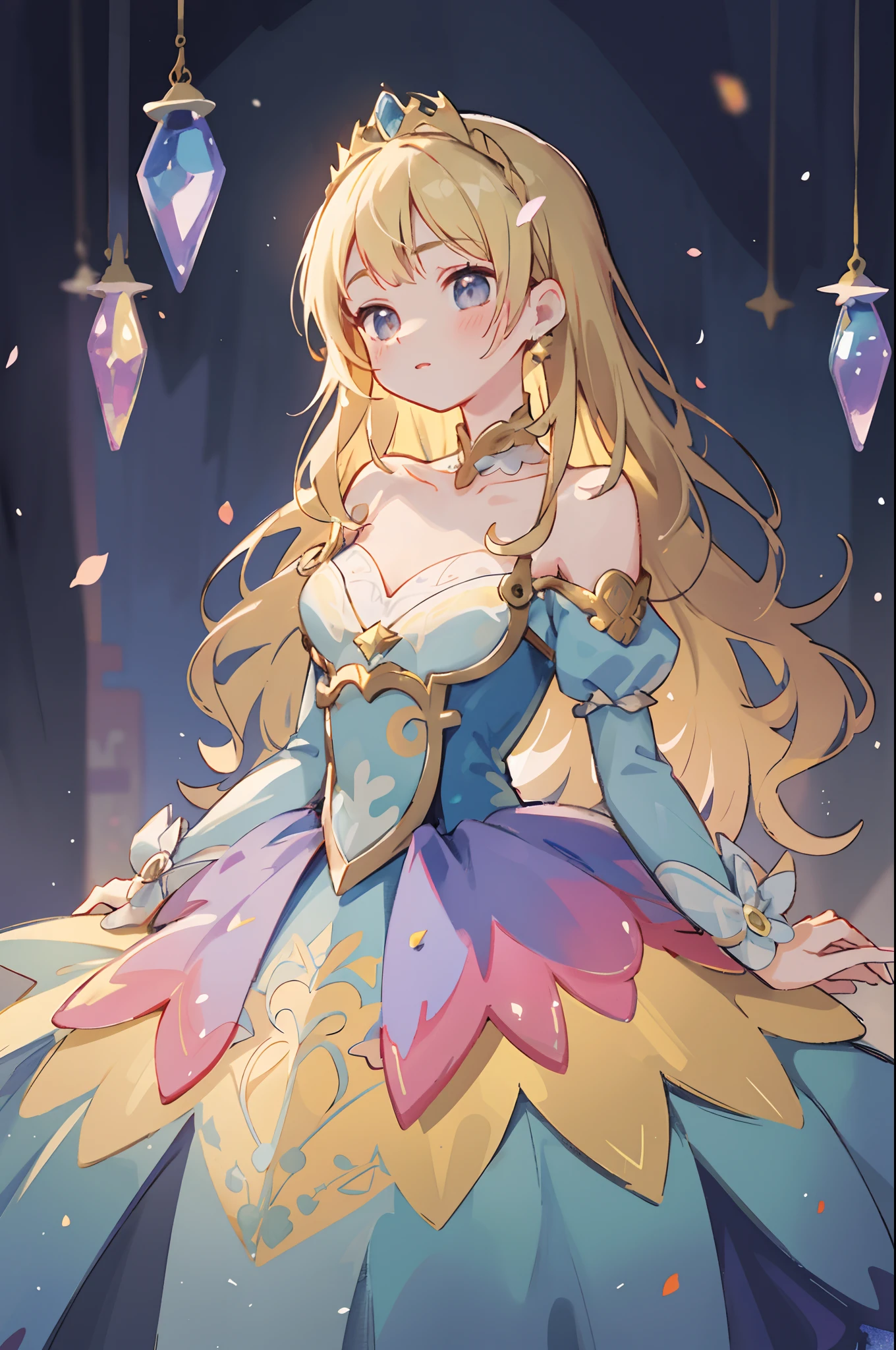beautiful anime girl, princess, colorful fantasy princess layered ballgown, colorful rainbow layered ballgown dress, layered skirt that looks like petals, fantasia background, muted pastel colors, (masterpiece), best quality, sharp focus, intricate details, highly detailed, detailed dress design, sharp focus, high resolution, 8k resolution, beautiful face, golden ratio, perfection, perfect composition, sparkling eyes, highly detailed eyes, perfect face, beautiful, sparkling lights, dark background, cinematic lighting, long wavy blonde hair