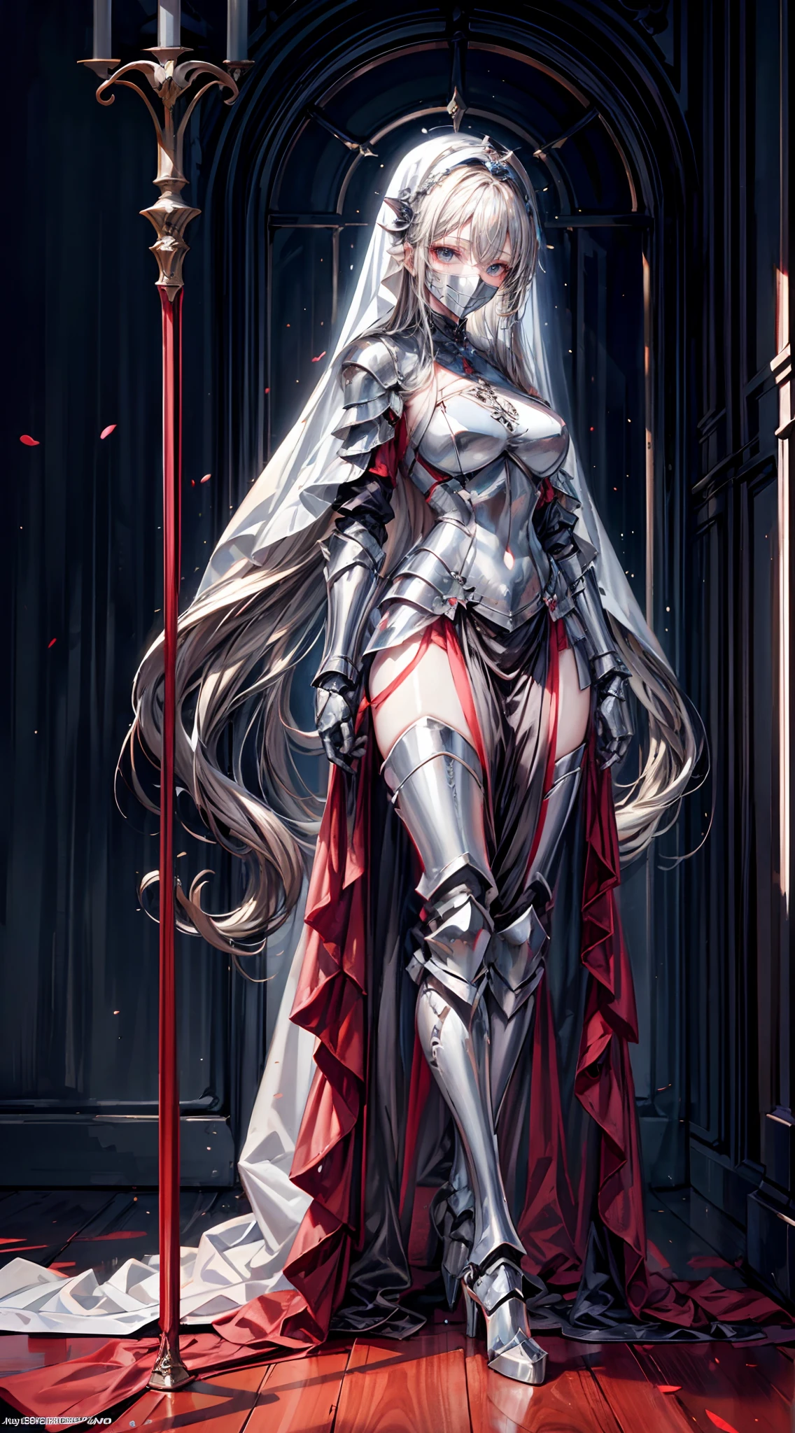 Nun in an iron mask+，Long flowing blonde hair,（Wear an iron mask：2.0）and armor，Wearing an iron mask and armor，Metal heels，Long face，Long face，Long face shape