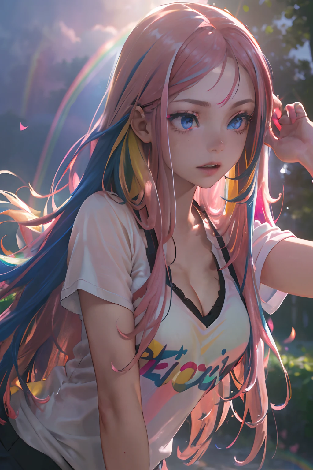 (Pink Fashion T-Shirt:1.9)、(colorfulヘア:1.8)、(All the colors of the rainbow:1.8)、((Portrait:1.6))、(Painting:1.6)、front、comics、Consciousness upward、Painting、Big eyes、transparent、(Rainbow gradient high ponytail:1.7)、Delicate makeup、Mouth closed、(Small Fresh:1.5)、(Bandeau:1.6)、Long eyelashes、White shoulder T-shirt、White shoulder shirt、View your viewers、Watery eye、(Rainbow Hair: 1.6)、カラーsplash、(solo:1.8)、カラーsplash、Color Explosion、カラーsplash、Color Explosion、Thick lacquer style、Messy Lines、(Shine)、(colorful)、(colorful)、(colorful)、colorful、colorful、Thick painting style、(splash)(カラーsplash)、Vertical painting、Upper Body、coatingsplash、Acrylic Pigments、Tilt、coating、Highest quality、Highest quality、Highest quality、masterpiece、One person、Write Boundary Depth、Face Paint、colorfulな服、(Elegance:1.2)、gorgeous、 Gray Hairロング、Wind、(Elegance:1.3)、(petal:1.4)、((((Highest qualityは最高)))、(((Super detailed))、(Consciousness upward)、(Dynamic Angle)、((Float))、(Painting)、((Hair loss))、(One person)、(One personの女の子)、(((Detailed Anima Face)))、((Detailed face))、First time、Exposed bare shoulders、Gray Hair、((Hair Color))、((Striped pattern))、Beautiful details、No cleavage、(Tilt色の目)、(((Colored eyes)))、(((Colored Background)))、(Colored Background)))、((High chroma)))、((Surrounded by colorful splashes of water)))。