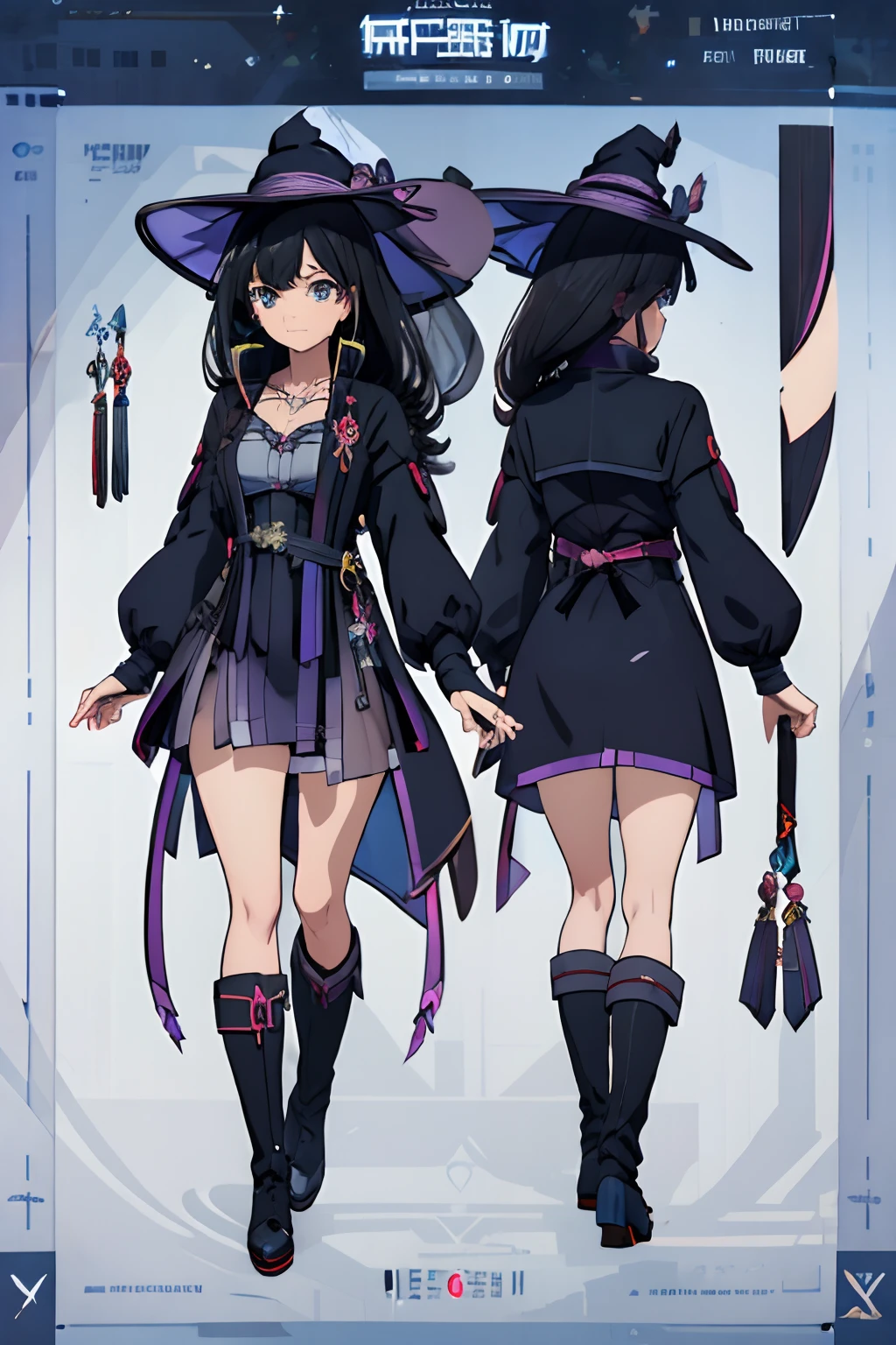 ((masterpiece)),(((best quality))),(((highly detailed))), (Character design sheet, same character, same outfit, ""main front view, side view, back view ""), illustration, 1 girl in, long black hair, golden eyes, medium breasts, makeup is white and blue tones, genshin impact style, purple magical girl style witch clothing, full body, conical witch hat, corset , short dress, high stockings, leather boots and gloves, digital background, casting shadow. exceptional details in eyes, face, hair, clothes, hands and legs.