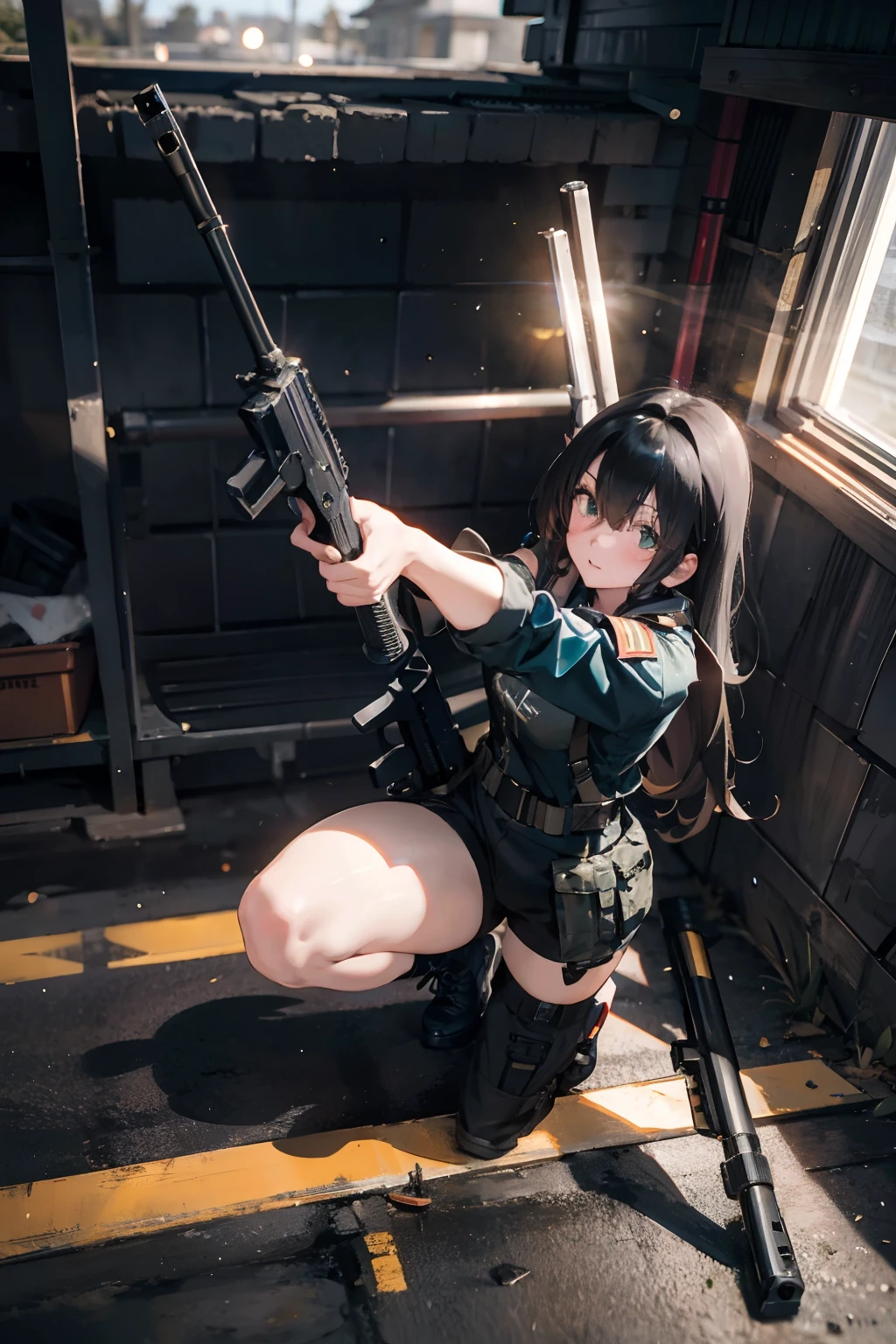 {{Masterpiece, top quality, highly detailed CG, unified 8k wallpaper, movie lighting, lens flare}}, girl shooting rifle, wide view, full body, thick body, long blond hair, green eyes, (holding a weapon, holding a rifle, aiming, aiming: 1.4), gun, h&k hk416, carbine, open fire, firing, (1 girl soldier aiming a huge rifle), 24 years old, teeth out, special forces, from above, knee shooting,