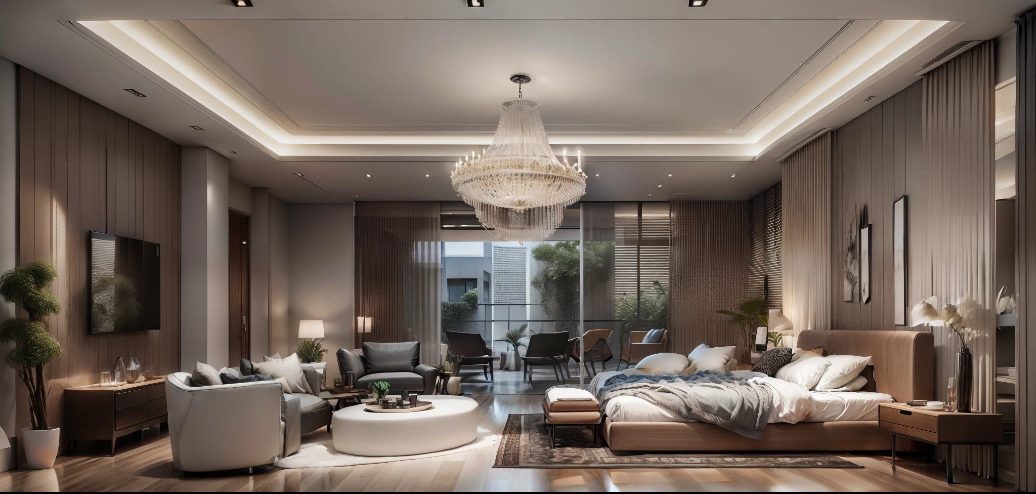 You are a renowned interior designer and have been commissioned to create a 3D image of a modern large room. Create a harmonious environment with modern and minimalist furniture. inclua algumas plantas interiores para dar um ar mais fresco.