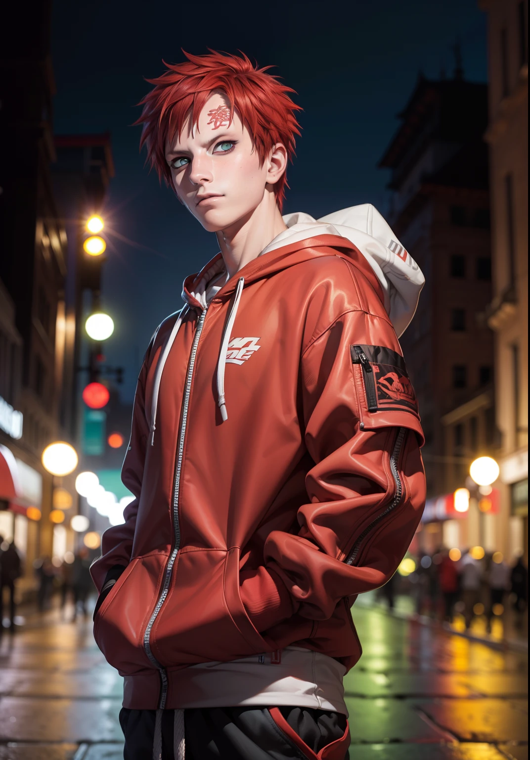 masterpiece, ultra-detailed, 1boy, male focus, upper body shot, Gaara wearing Streetwear Hoodie, red hair, look at viewer, happy face, Hands in pockets, vibrant colors, cityscape background, dinamic lighting, highly detailed face, stylish, urban style, cool attitude, bokeh, blurry background,