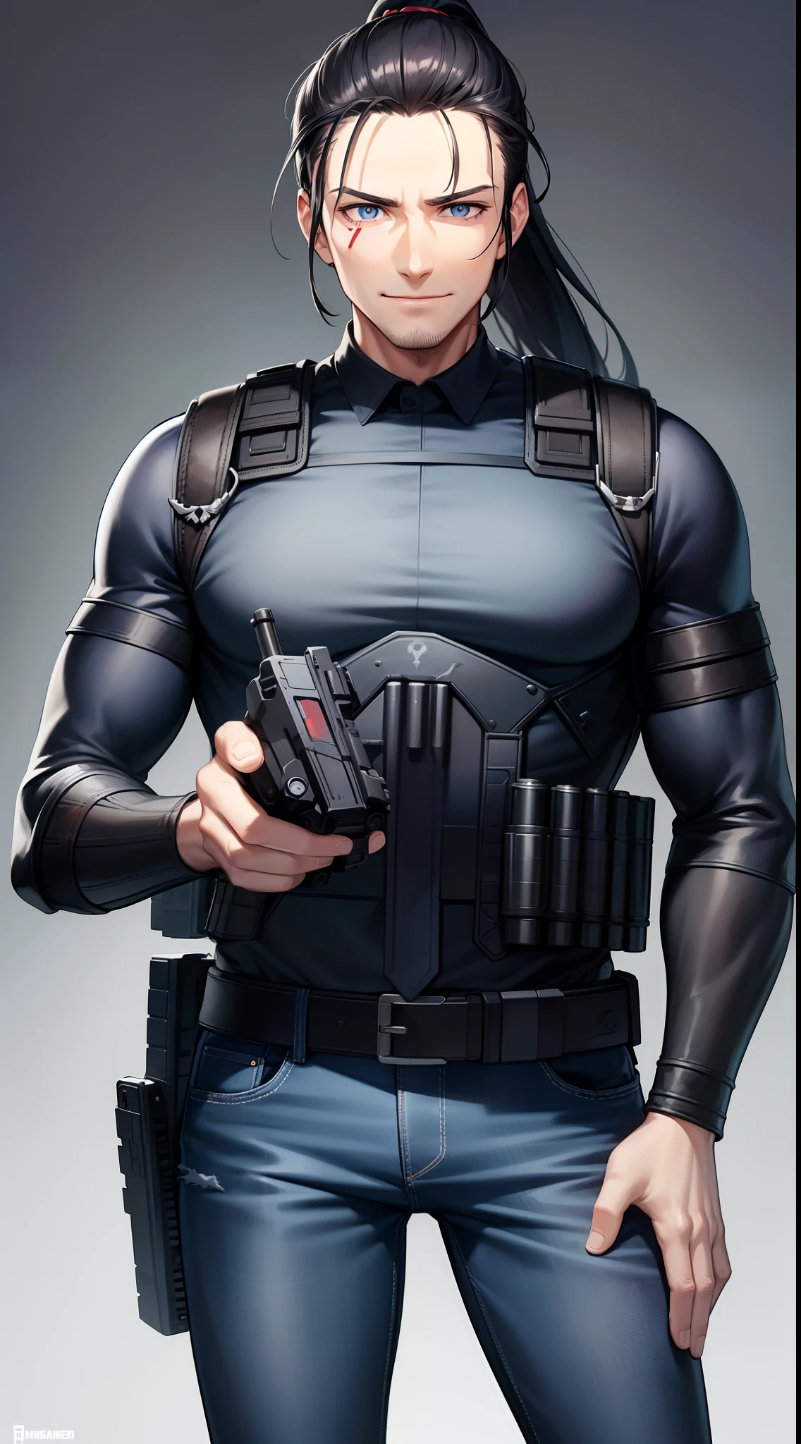 Grown-up guy, Long black hair, high ponytail, blue eyes, Smile, beatiful face, bodyarmor, Sleeveless, Drawing of the skull, Jeans, circuits, arma, brawn, Punisher's Seal, tattoo, Masterpiece, hiquality, 4k, HD, Good detail