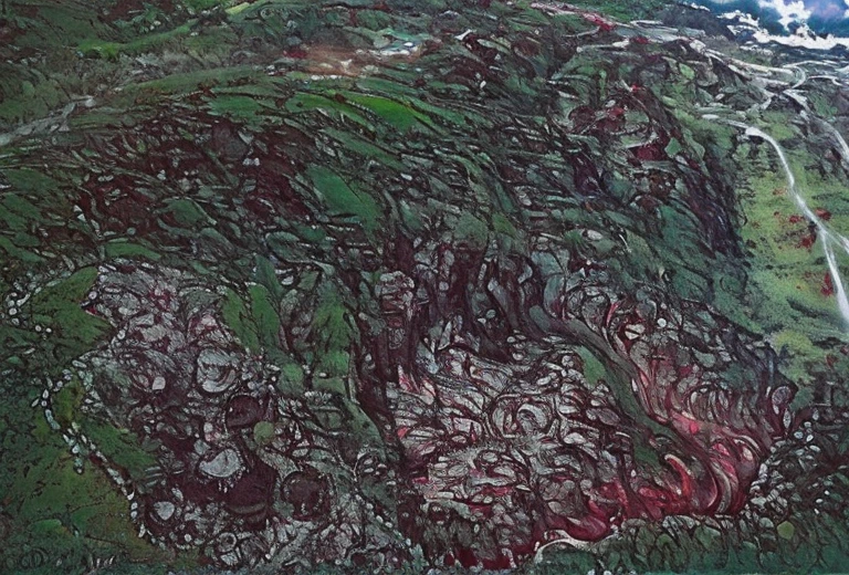 There is a painting of a painting on the hillside, aerial view of an ancient land, Lava fields, aerial shot, aerial photograph, mid-air, lava river, Aerial Photography, aerial photograph, Red lava river, lava streams, lava streams, red narrow lava rivers, Looking down from above, “ aerial view of a mountain, arial shot