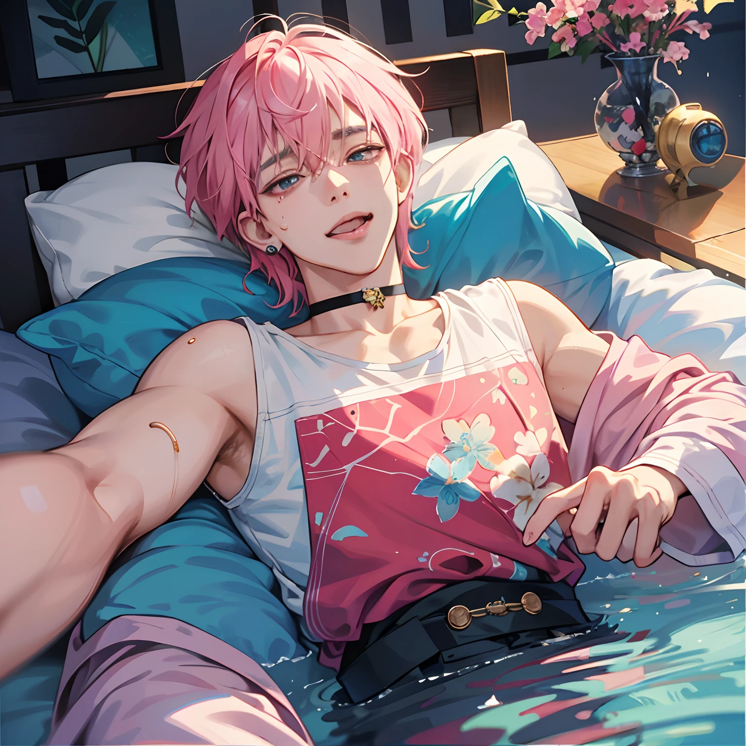 Lying down, Guviz-style artwork, made with anime painter studio, Anime Realism Style, Realistic anime art style, painted in anime painter studio, Inspired by Kim Taehyung, In an anime style, anime handsome guy, Inspired by Kim Taehyung, anime realism、Pink hair、A smile、a choker、Multiple piercings、Gray eyes、Sleepy eyes、Flushed cheeks、feeling in pain、distress、Groaning in pain、feeling in pain、screaming in severe pain、Wrinkles between the eyebrows、stick out your tongue and open your mouth wide、short-hair、Flowing sweat、Wet body、Stick out the tongue