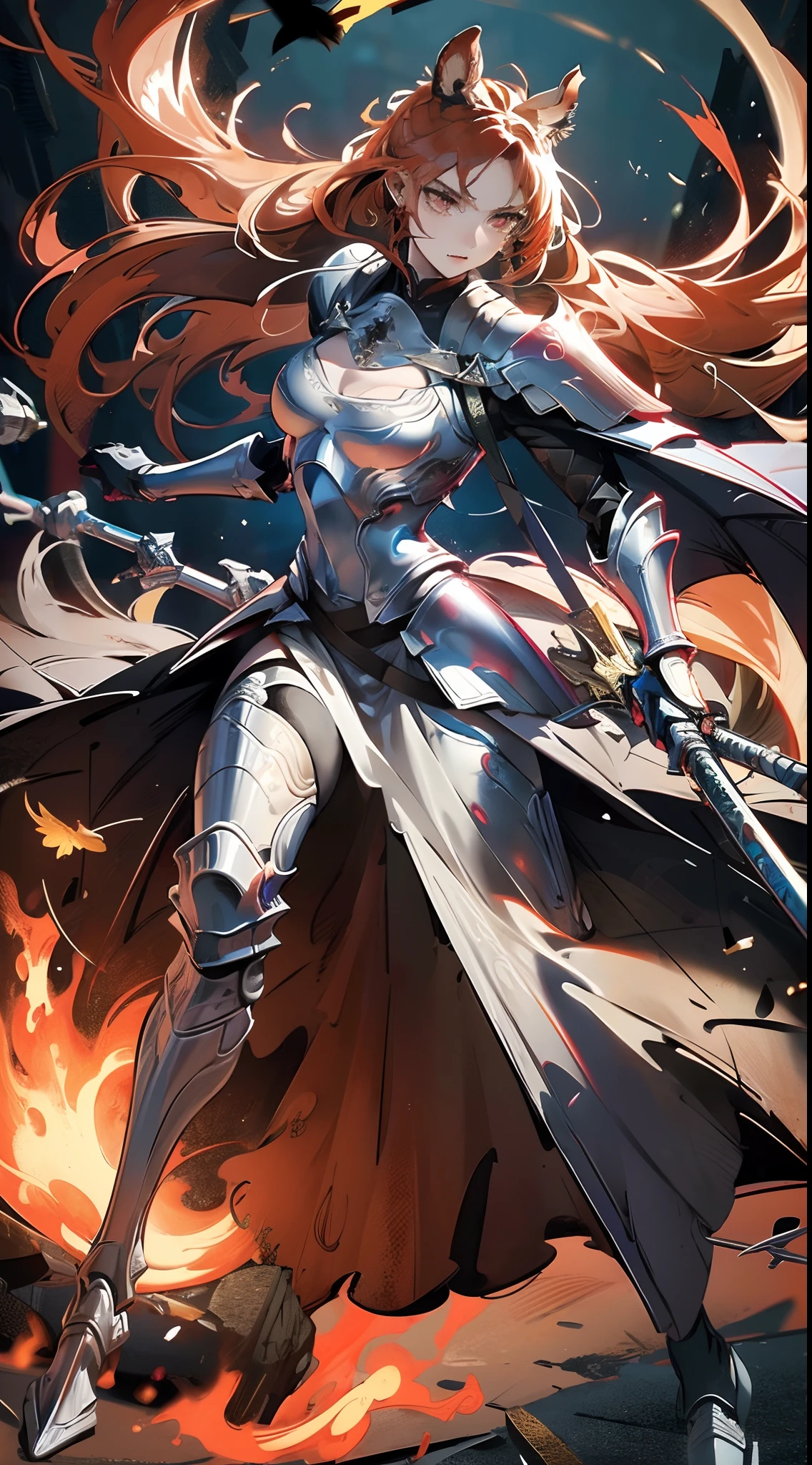 (best quality, high-res), ultra-detailed, realistic, dragon knight, potrait, red-haired girl with long flowing hair, large breasts, wearing armor, holding a long spear, standing from head to toe, against a fiery background, vibrant colors, dramatic lighting, intricate armor details, intense expression, fierce and determined eyes, delicately painted features, capturing the strength and beauty of the girl, showcasing her heroic qualities and her connection with the mythical dragon, dynamic pose, strong and confident stance, highlighting her warrior-like demeanor, epic and awe-inspiring scene