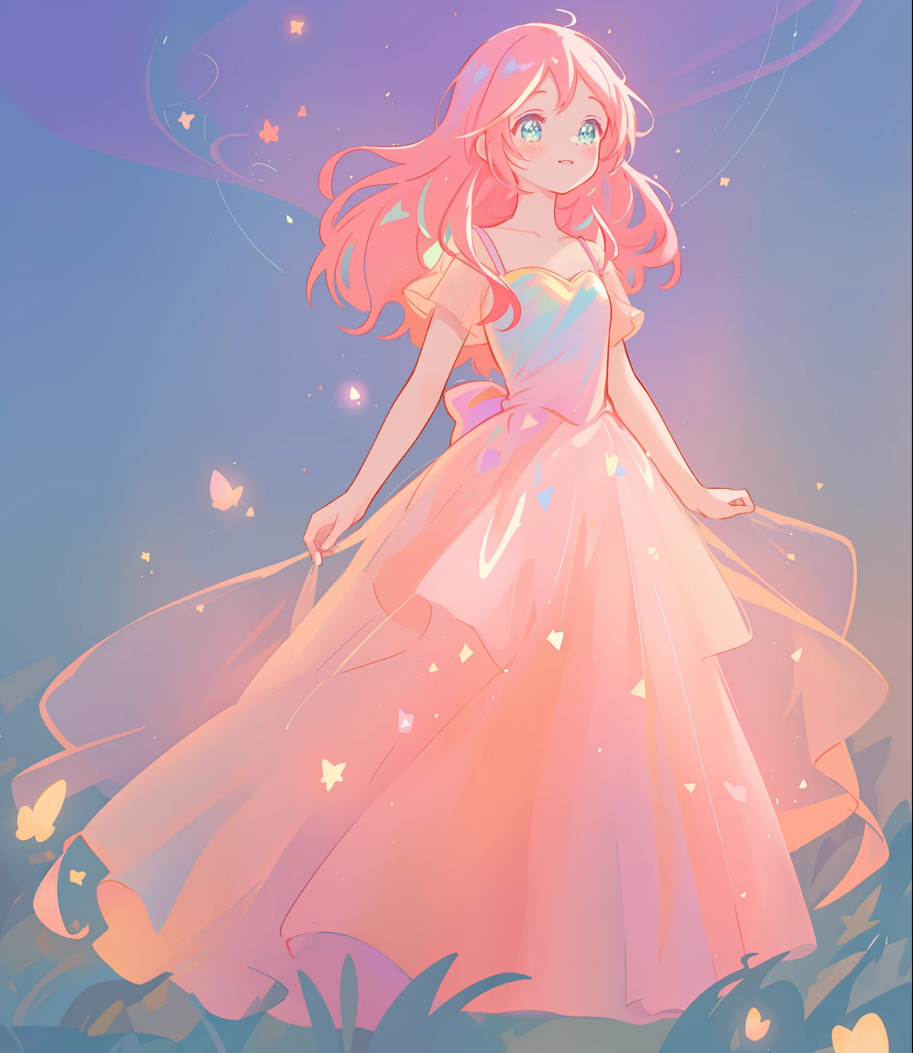 beautiful girl, ((puffy shimmering multi-layered ballgown)), vibrant pastel colors, (colorful), long flowing hair, magical lights, sparkling magical liquid, inspired by Glen Keane, inspired by Lois van Baarle, disney art style, by Lois van Baarle, glowing aura around her, by Glen Keane, jen bartel, glowing lights! digital painting, flowing glowing hair, glowing flowing hair, beautiful digital illustration, fantasia background, whimsical, magical, fantasy, ((masterpiece, best quality)), intricate details, highly detailed, sharp focus, 8k resolution, sparkling detailed eyes, liquid watercolor