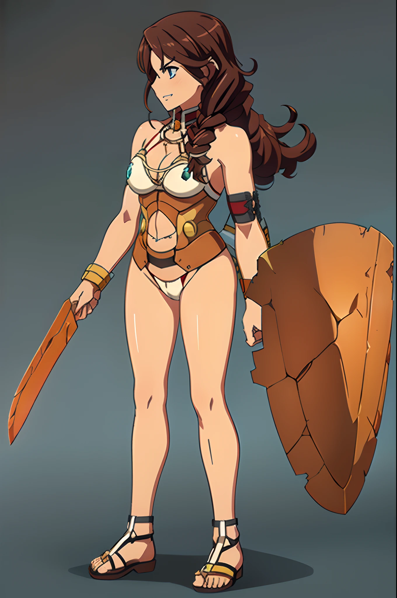 Solo, solo focus, 1girl, branwen, ((heterochromia:1.2, blue eye, red eye)), ((tanned skin, brown skin tone)), sandals (((Side Plait:1.5, drill_hair))) ((arm shield, little shield, sword, armor))), 1girl, solo, facing viewer, looking at viewer, upper body, smile. ufotable screen cap, fgo sprite:1.5, full body, standing, black background, simple background, looking afar,