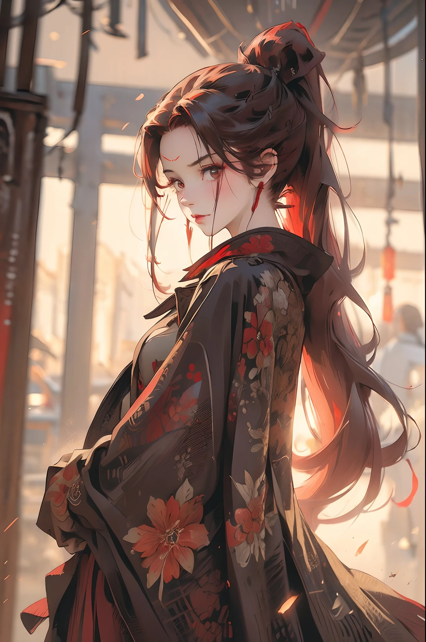 illustratio: Red ponytail girl+red pupils，High quality and realistic details，Dynamic trench coat，Indifferent atmosphere，High cold type，Positive facial expression，Stabilize the standing posture，The girl's whole body is clearly displayed。