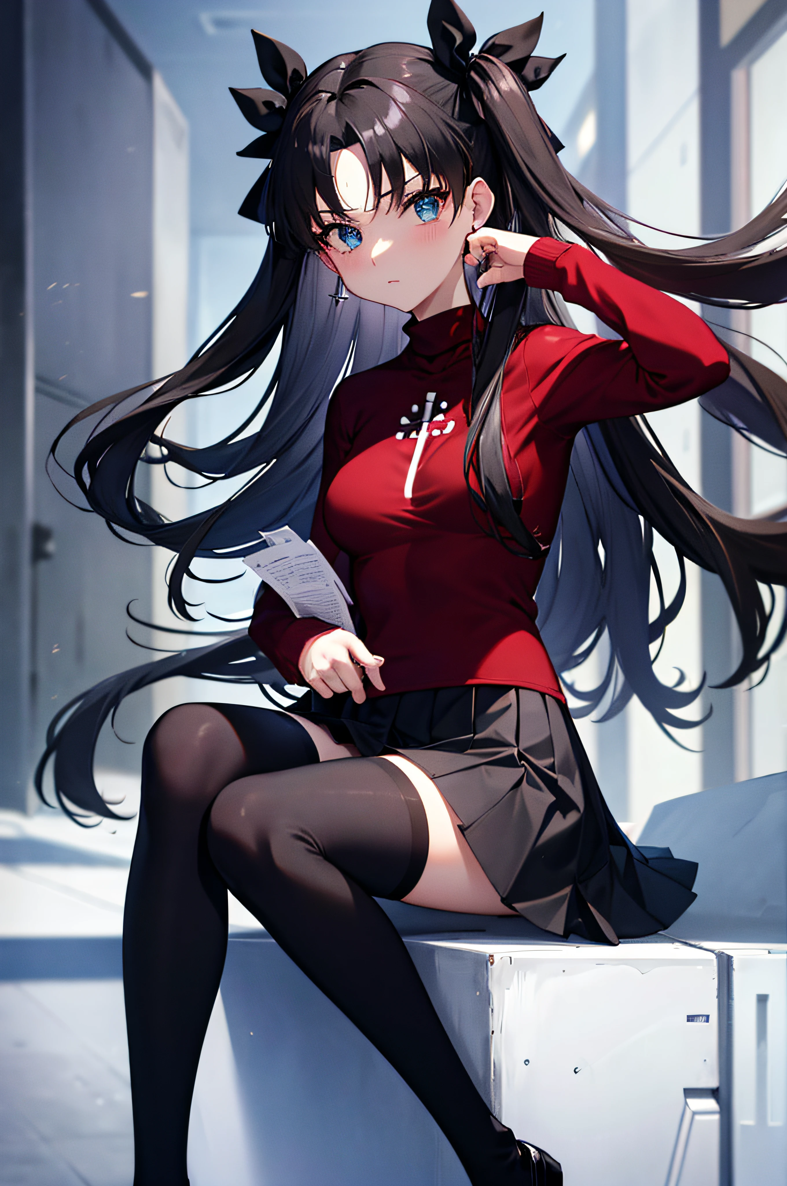 (masterpiece), best quality, expressive eyes, perfect face, 1girl, solo, rintohsaka, rin tohsaka, aqua eyes, black hair, hair ribbon, long hair, ribbon, sidelocks, two side up, black skirt, black thighhighs, long sleeves, miniskirt, pleated skirt, ((red sweater)), skirt, sweater, thighhighs, turtleneck, city background, sitting, character sheet, upper body, portrait, looking at viewer