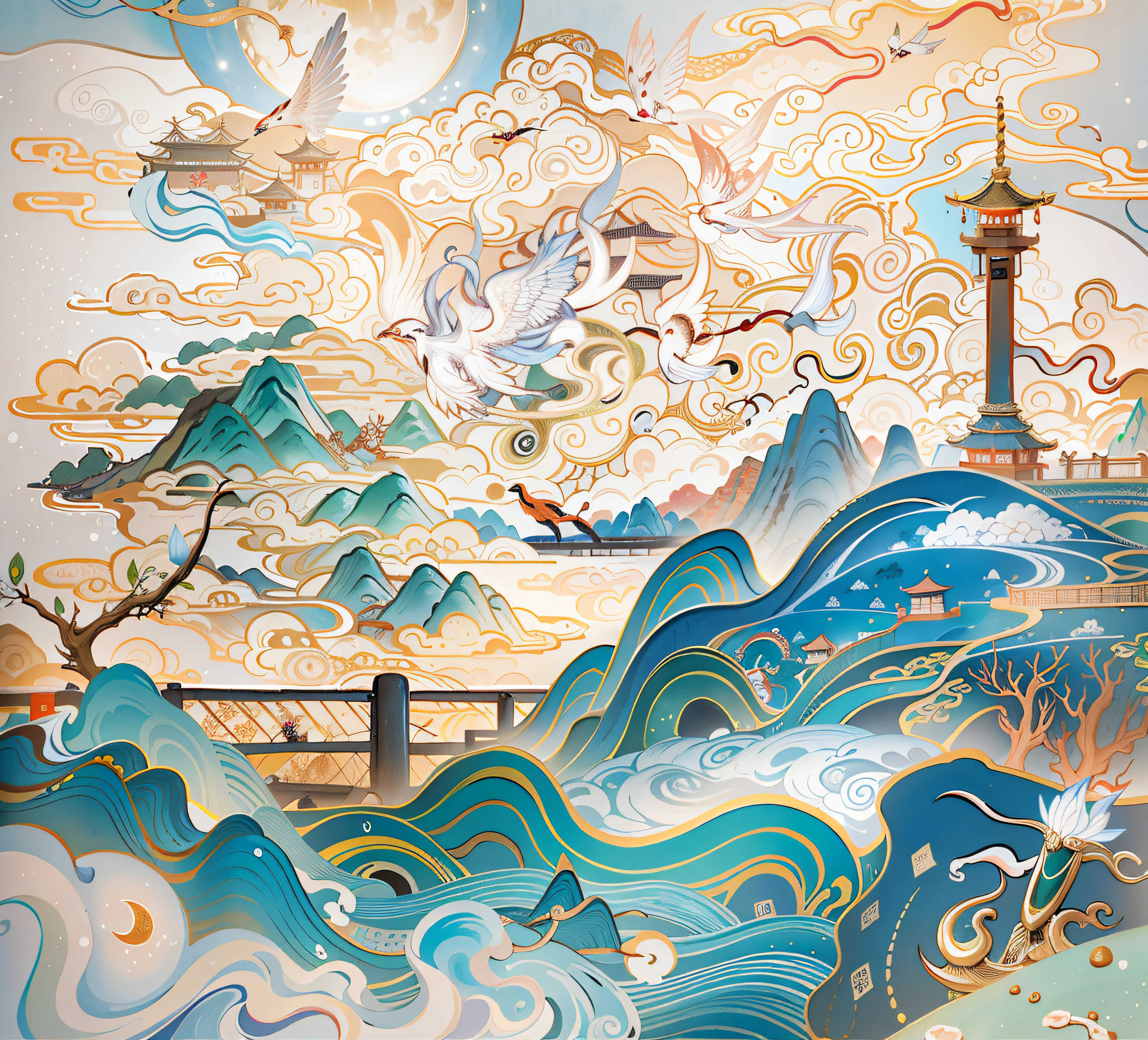 An ancient Japanese painting, ancient Japanese background, sakura tree, osaka castle, fuji mountains, rivers, auspicious clouds, pavilions, sunshine, masterpieces, super detail, epic composition, ultra HD, high quality, extremely detailed, official art, unified 8k wallpaper, Super detail, 32k -- v 6