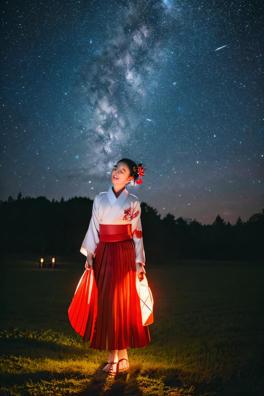 a young beautiful girl wearing kimono and red long pleated skirt is flying in the starry night sky, view from the earth