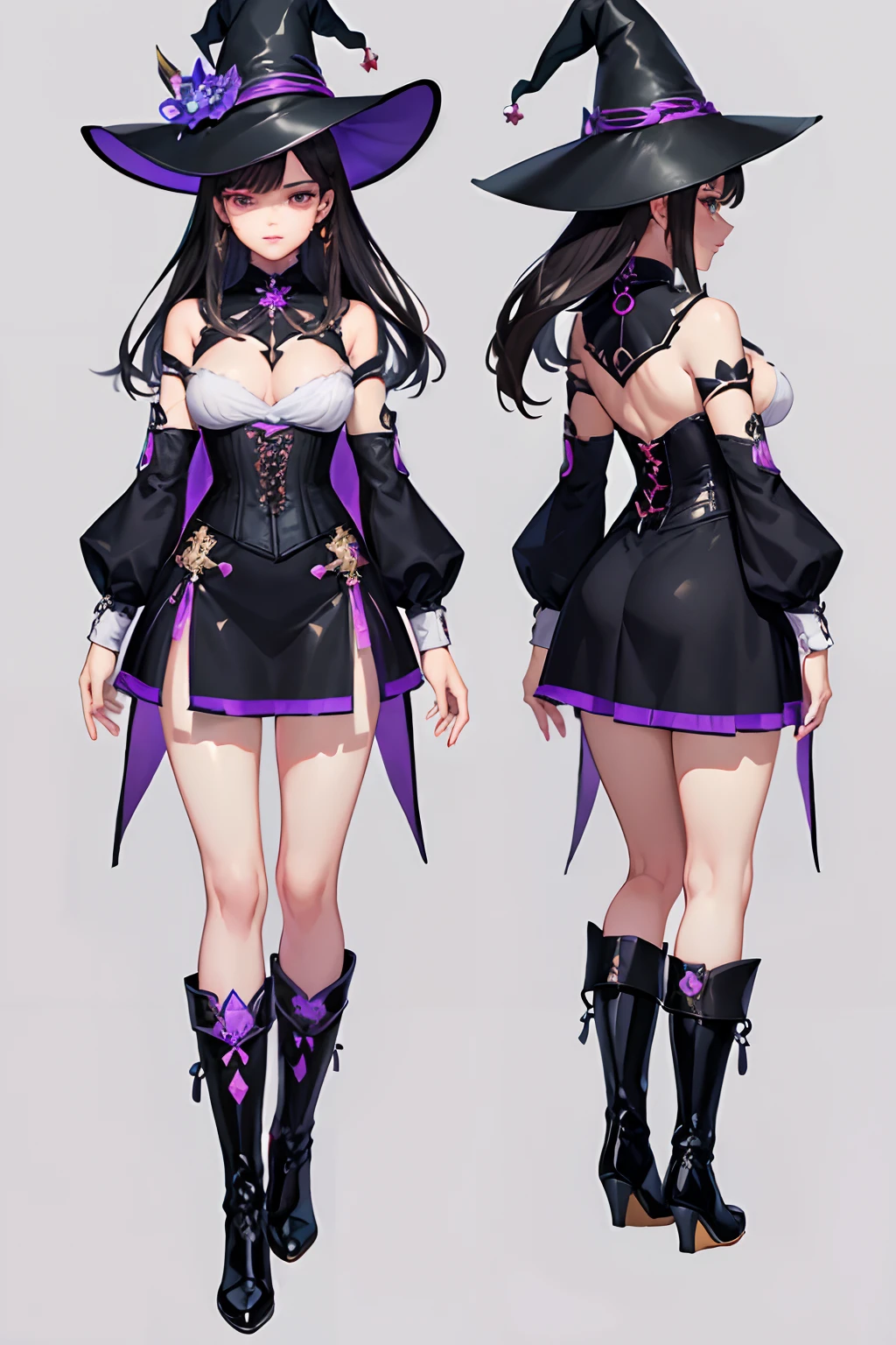 ((masterpiece)),(((best quality))),(((highly detailed))), (Character design sheet, same character, same outfit, ""main front view, side view, back view ""), illustration, 1 girl, perfect ilustration, human, long black hair, golden eyes, medium breasts, makeup is white and blue tones, genshin impact style, purple magical girl style witch clothing, full body, conical witch hat, corset , short dress, high stockings, leather boots and gloves, digital background, casting shadow. exceptional details in eyes, face, hair, clothes, hands and legs.